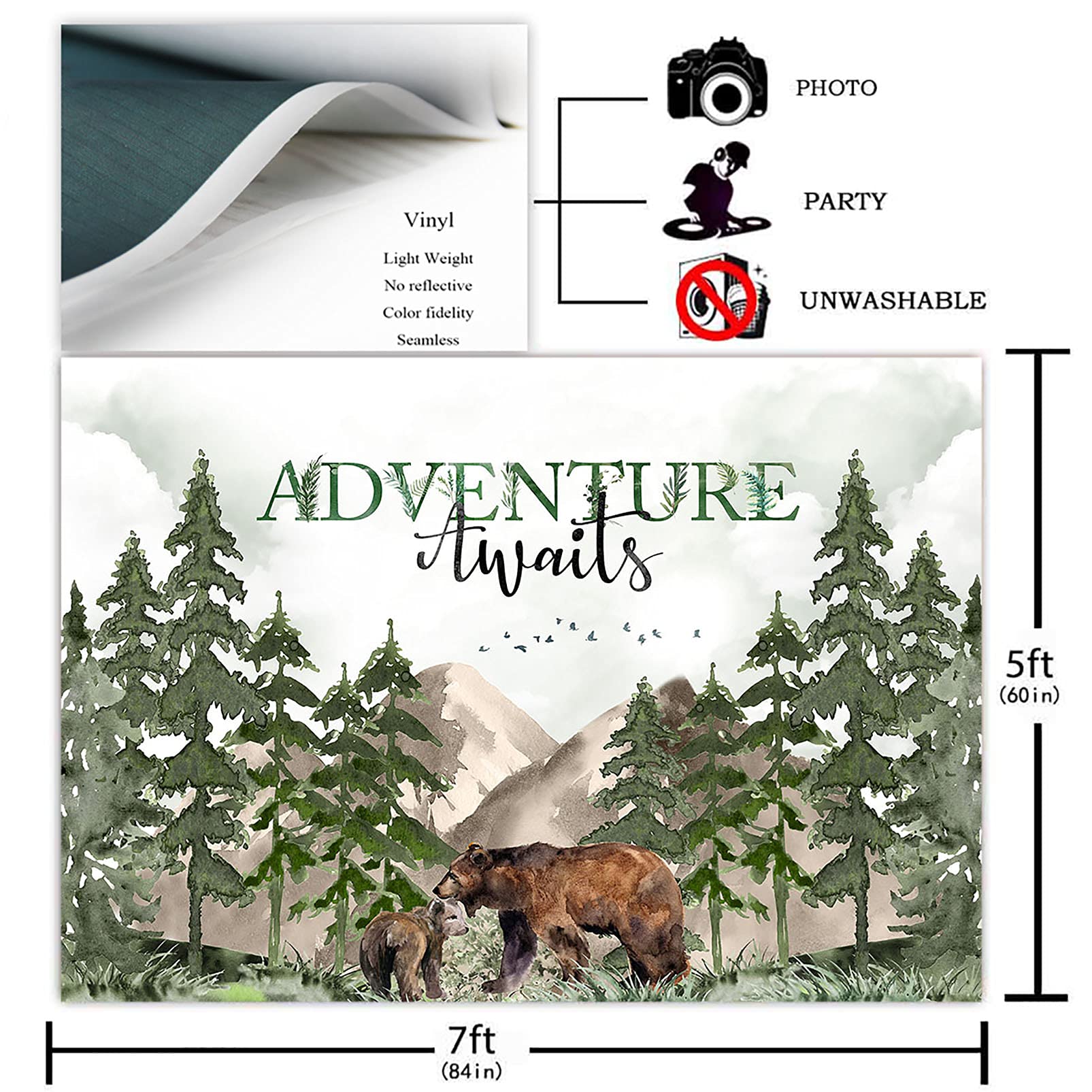Avezano Adventure Awaits Baby Shower Backdrop Mountain Wilderness Woodland Baby Shower Decorations Photography Background Watercolor Greenery Forest Party Photoshoot Backdrops (7x5ft)