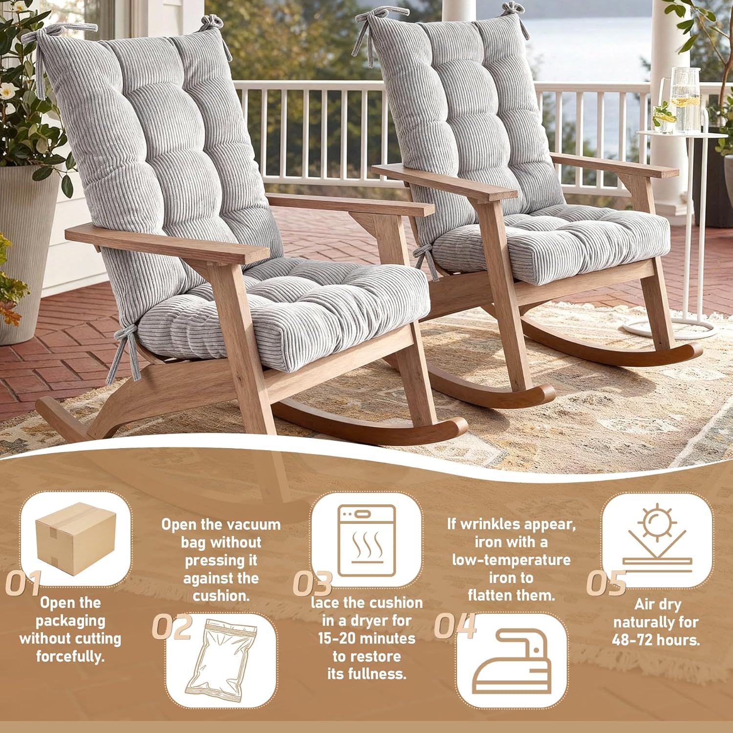 Rocking Chair Cushion Set Tufted with Ties, Non-Slip High Back Chair Pads for Adirondack Nursery Porch Rockers