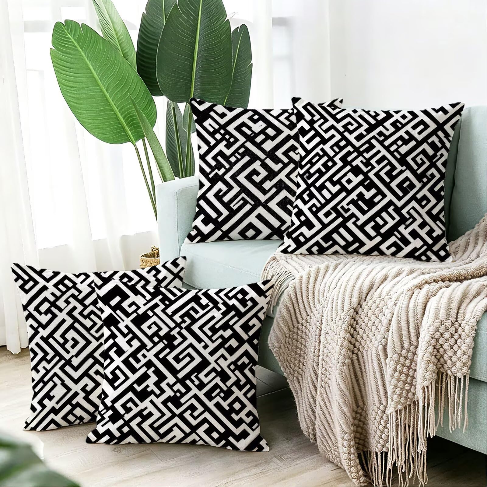 Cojines Exterior En Blanco Y Negro Funda Almohada 45x45 Juego de 4, Cod-400