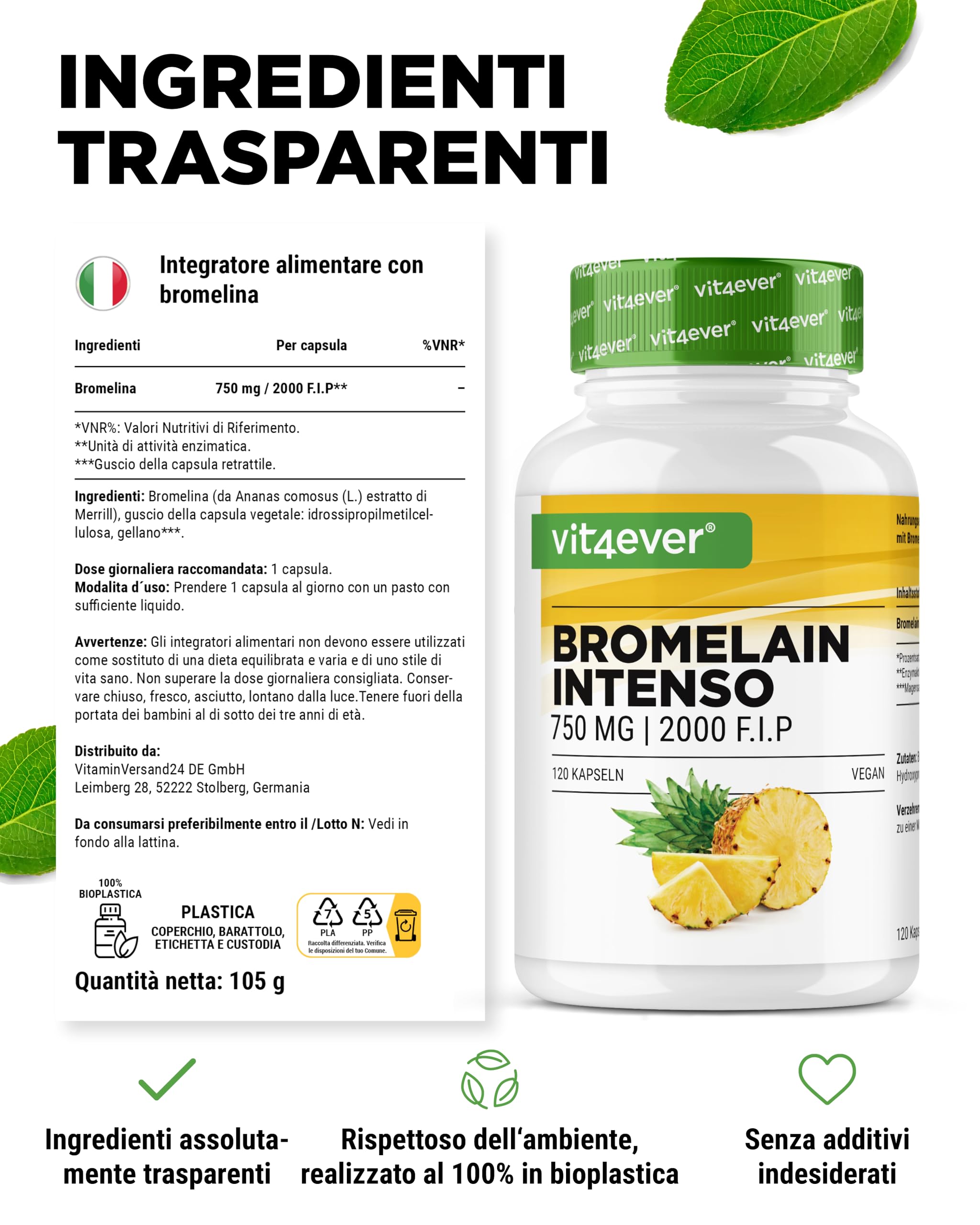 Bromelina Intenso - 750 mg (2000 F.I.P) - 120 capsule rivestite con enterici - Estratto naturale di ananas - Vegano - Altamente dosato