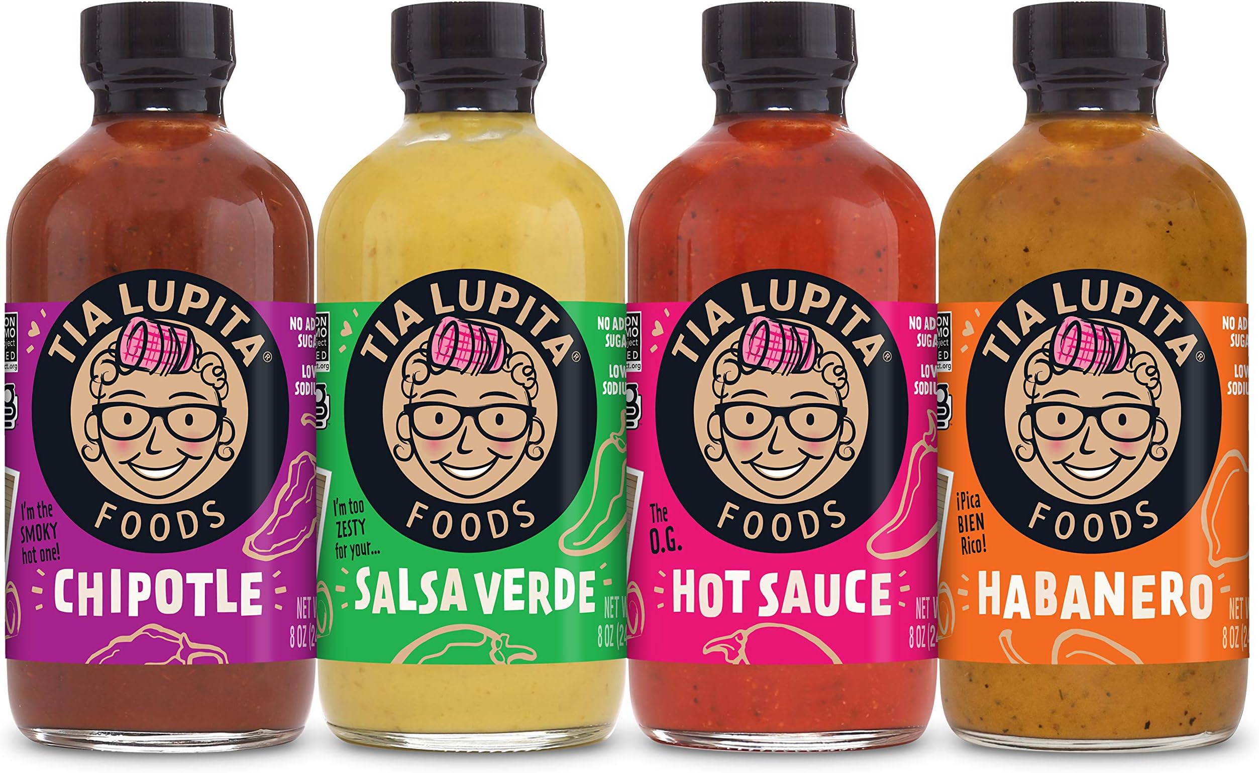 Tia Lupita Hot Sauce Variety Pack - 4 Bottles of Flavorful Heat - Jalapeño, Salsa Verde, Habanero, Chipotle - Gluten-Free, Non-GMO, Sugar Free, Low Sodium, Keto, No Carbs
