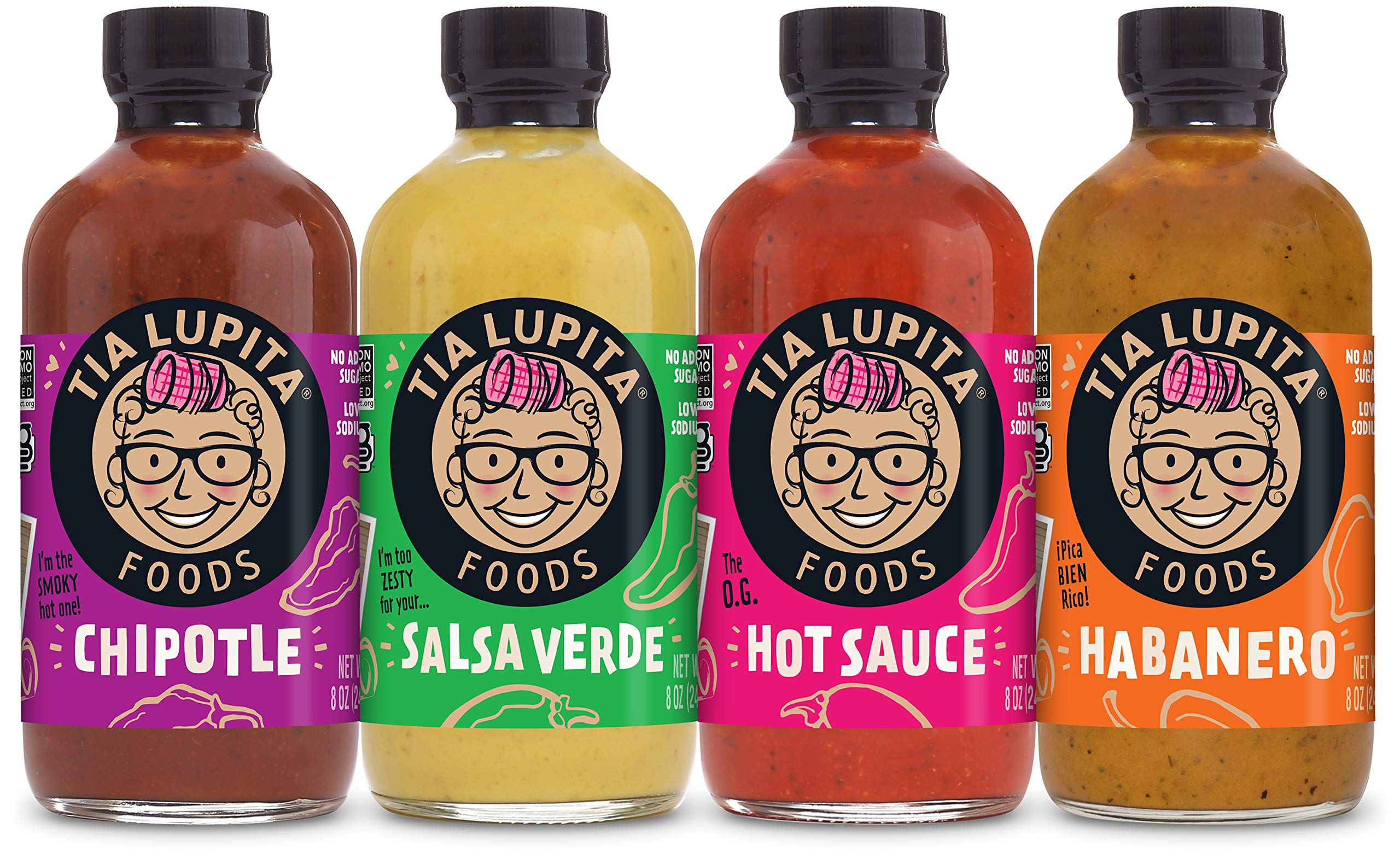 Tia Lupita Hot Sauce Variety Pack - 4 Bottles of Flavorful Heat - Jalapeño, Salsa Verde, Habanero, Chipotle - Gluten-Free, Non-GMO, Sugar Free, Low Sodium, Keto, No Carbs