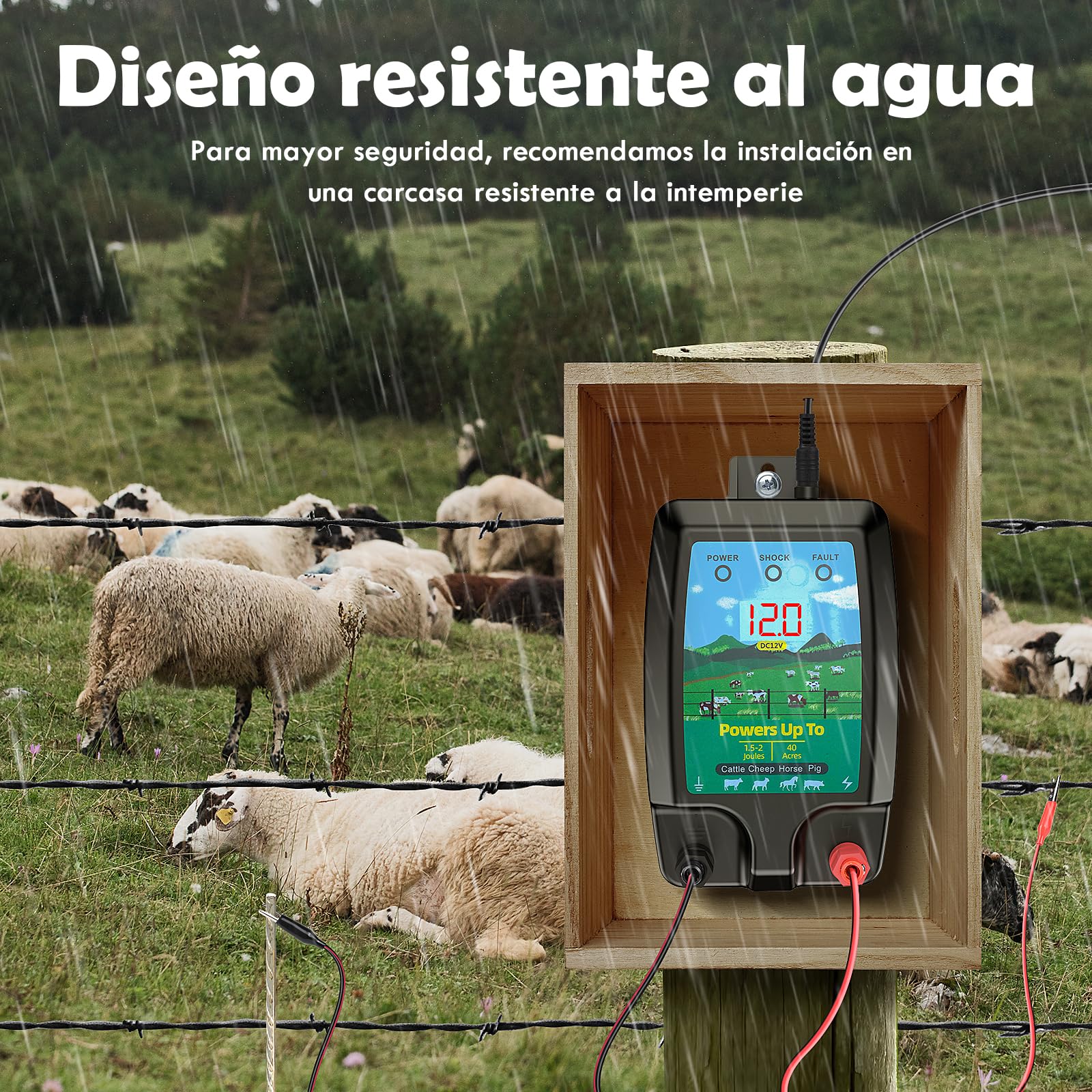 10KM Cerca Eléctrica para Animales, Energizador de Cerca Eléctrica 2J con Pantalla LCD, Controlador de Pulso de Alto Voltaje, Cerca Eléctrica Segura para Granjas, Jardines y Pastos