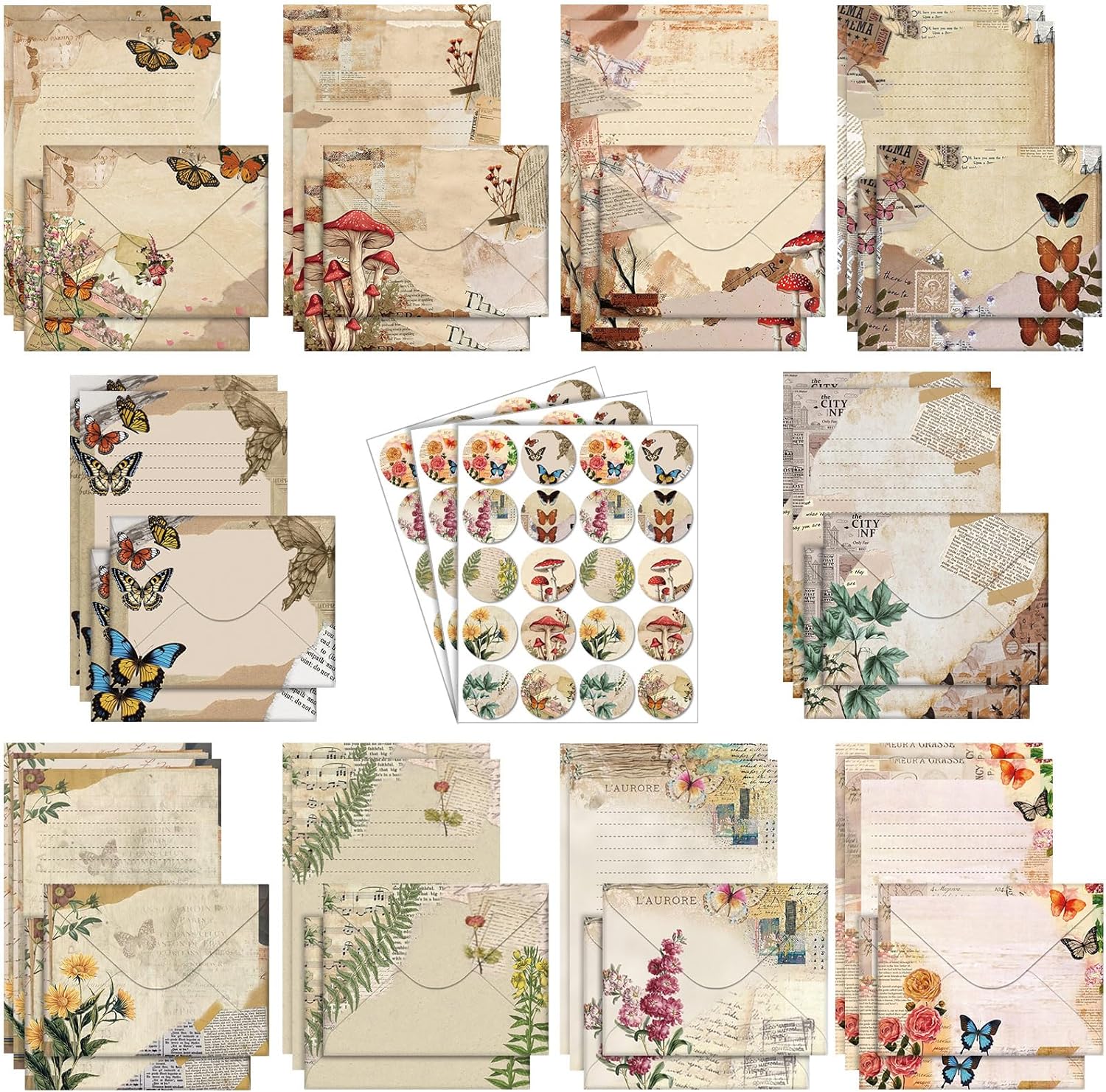 TaoBary 160-Pc Vintage Nature Stationery Set: 50 Double-Sided Papers, 50 Envelopes, 60 Dot Stickers - 10 Designs, 5.5x8.25in