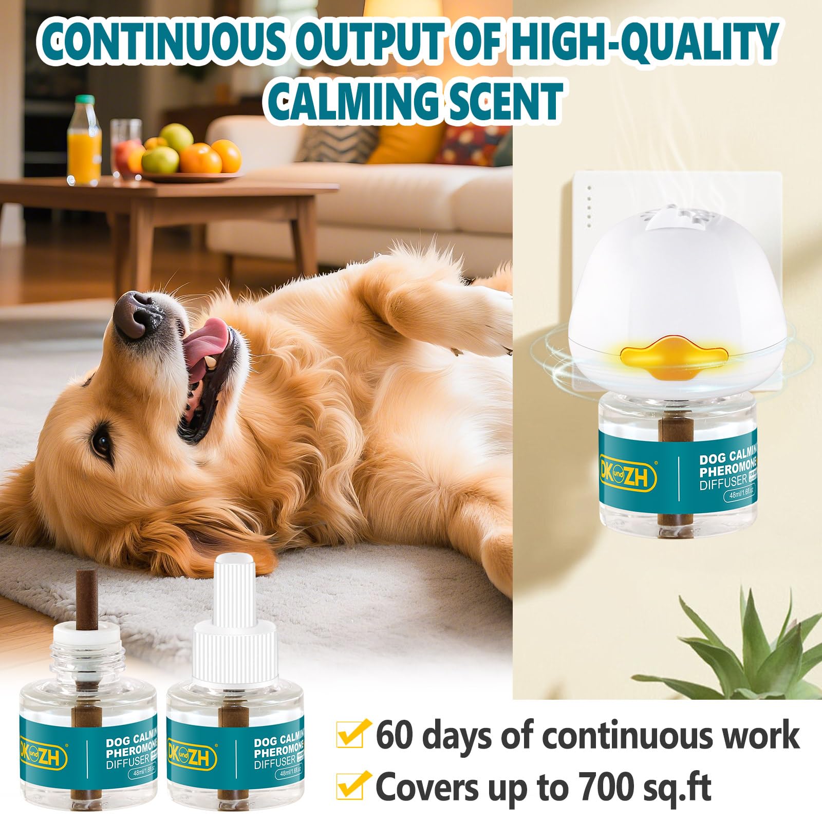 Diffuseur de Phéromones Calmant pour Chien, Calmant Apaisant Prise Phéromones pour Soulage L'anxiété de Séparation, le Stress, les Aboiements et les Mordillements (1 Diffuseur+2 Recharges 48 ML)