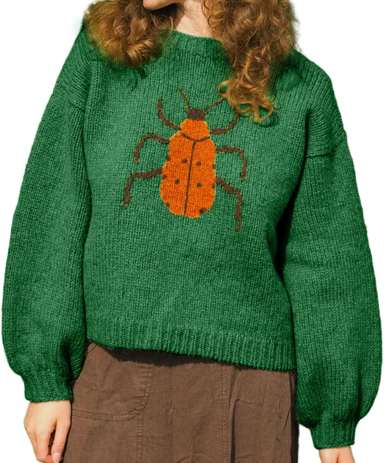 CHARTOU Women Fall Oversized Sweater Cute Insect Pattern Knit Pullover Sweater Crew Neck Short Jumper