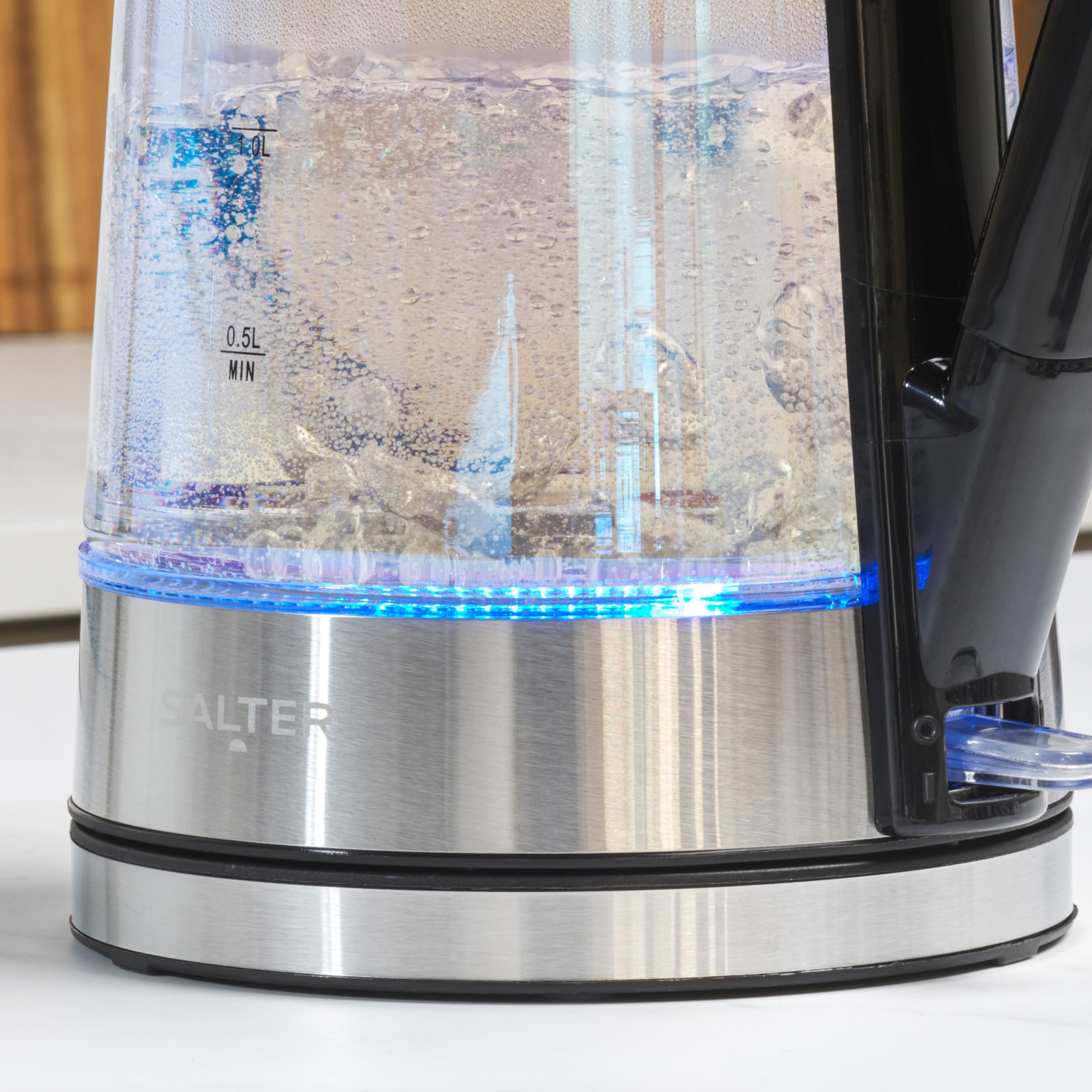 Salter Hervidor de cristal iridiscente, 1,7 l, luz LED azul | 2200 W, tapa Easy-Fill de presión, filtro antical, base giratoria 360°, sensor de ebullición en seco, apagado automático