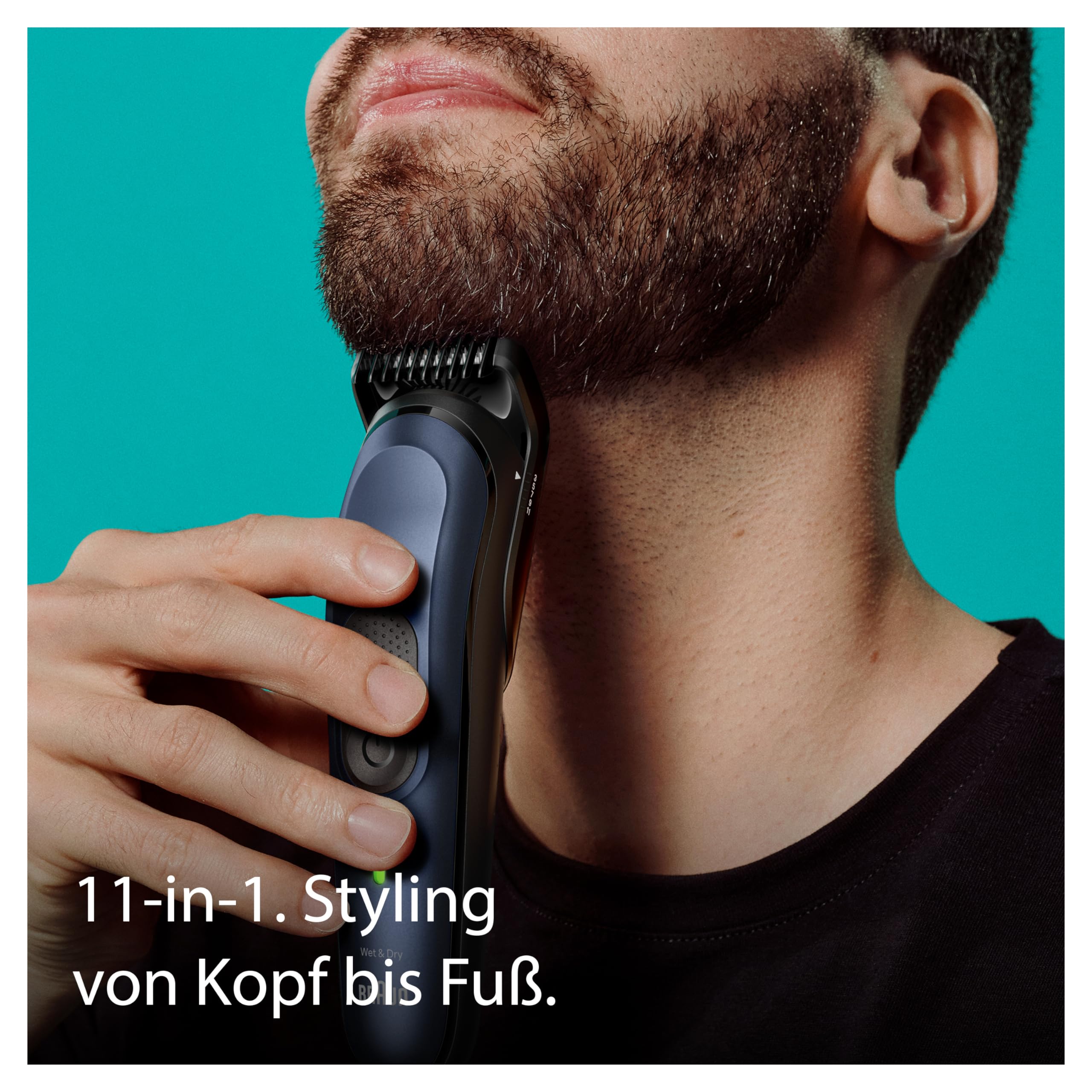Braun All-In-One Trimmer-Set 7, 11-in-1 Multigroom, Barttrimmer, Nasenhaartrimmer, Haarschneidemaschine für Gesicht, Kopf und Körper, 100 Min. Akku, 14 Längen (3–21 mm), Wasserdicht, MGK7450, Blau