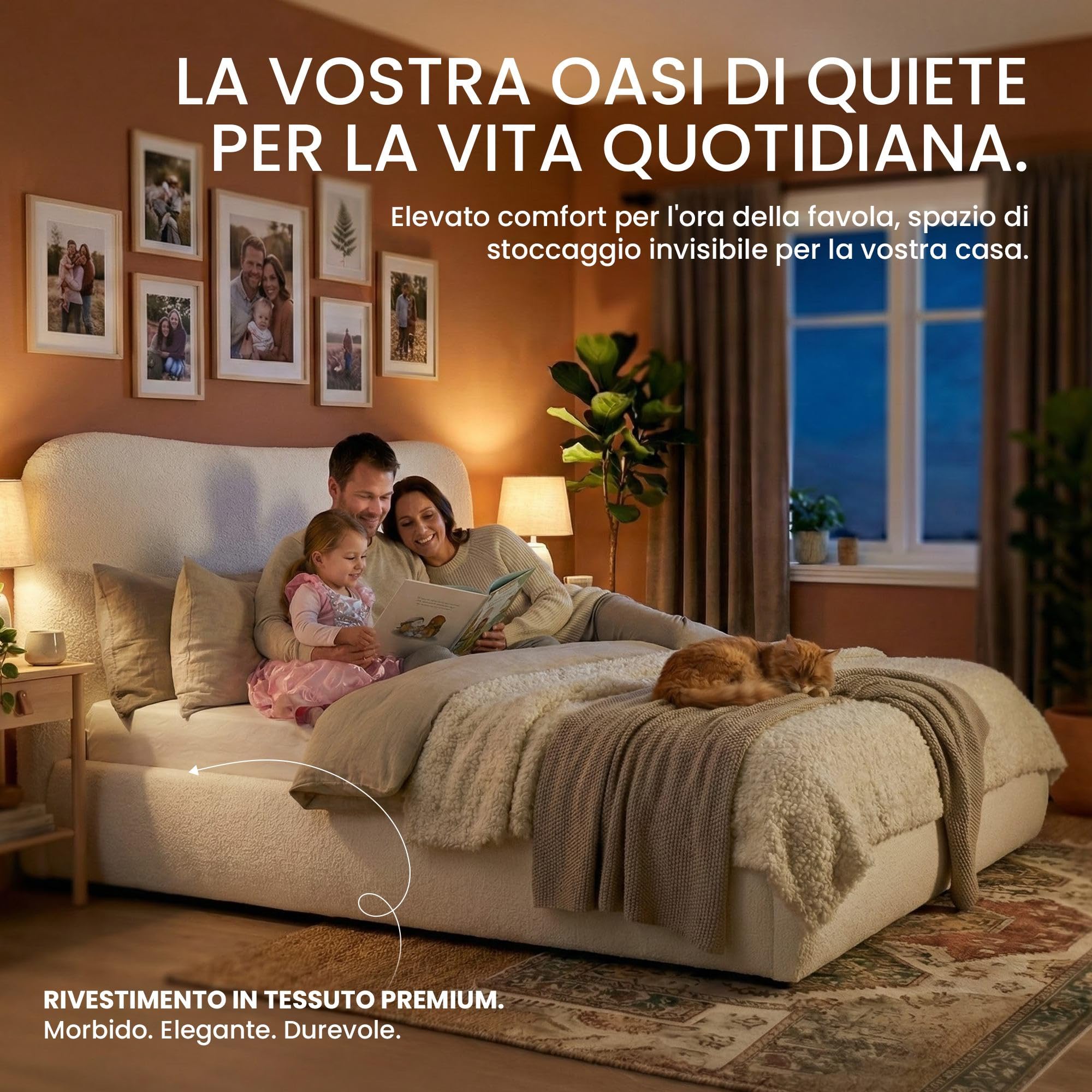 CLP Letto imbottito con contenitore Maido, struttura per materassi, rete con meccanismo di sollevamento, letto matrimoniale in tessuto Teddy, Colore:crema, Dimensione:160x200 cm