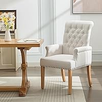 WUTUTUEE Fabric Dining Chair with Arms, Upholstered Tufted High Back Dining Room Chairs, Accent Armchair with Solid Wood Leg and Nailhead Trim, Kitchen Dining Living Room, Beige
