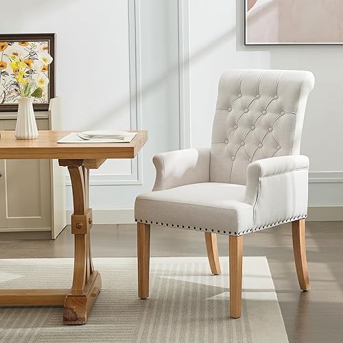 WUTUTUEE Fabric Dining Chair with Arms, Upholstered Tufted High Back Dining Room Chairs, Accent Armchair with Solid Wood Leg and Nailhead Trim, Kitchen Dining Living Room, Beige