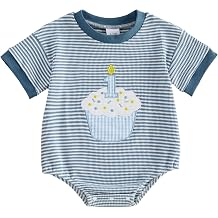 GOOCHEER Baby Girl Boy First Birthday Short Sleeve Romper 1 Cake Embroidery Waffle Knit Jumpsuit Top One Year Old Clothes