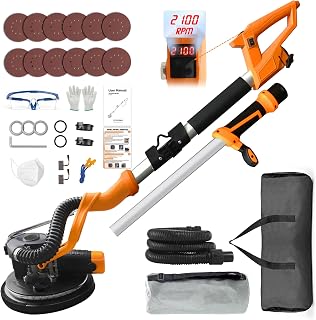 Electric Drywall Sander (1050W) With Vacuum, Heavy Duty Drywall Sander with LCD Digital Display,9 Variable Speed 800-2100RPM,Foldable & Extendable Handle,12pcs Sanding Discs,Wood Floor etc
