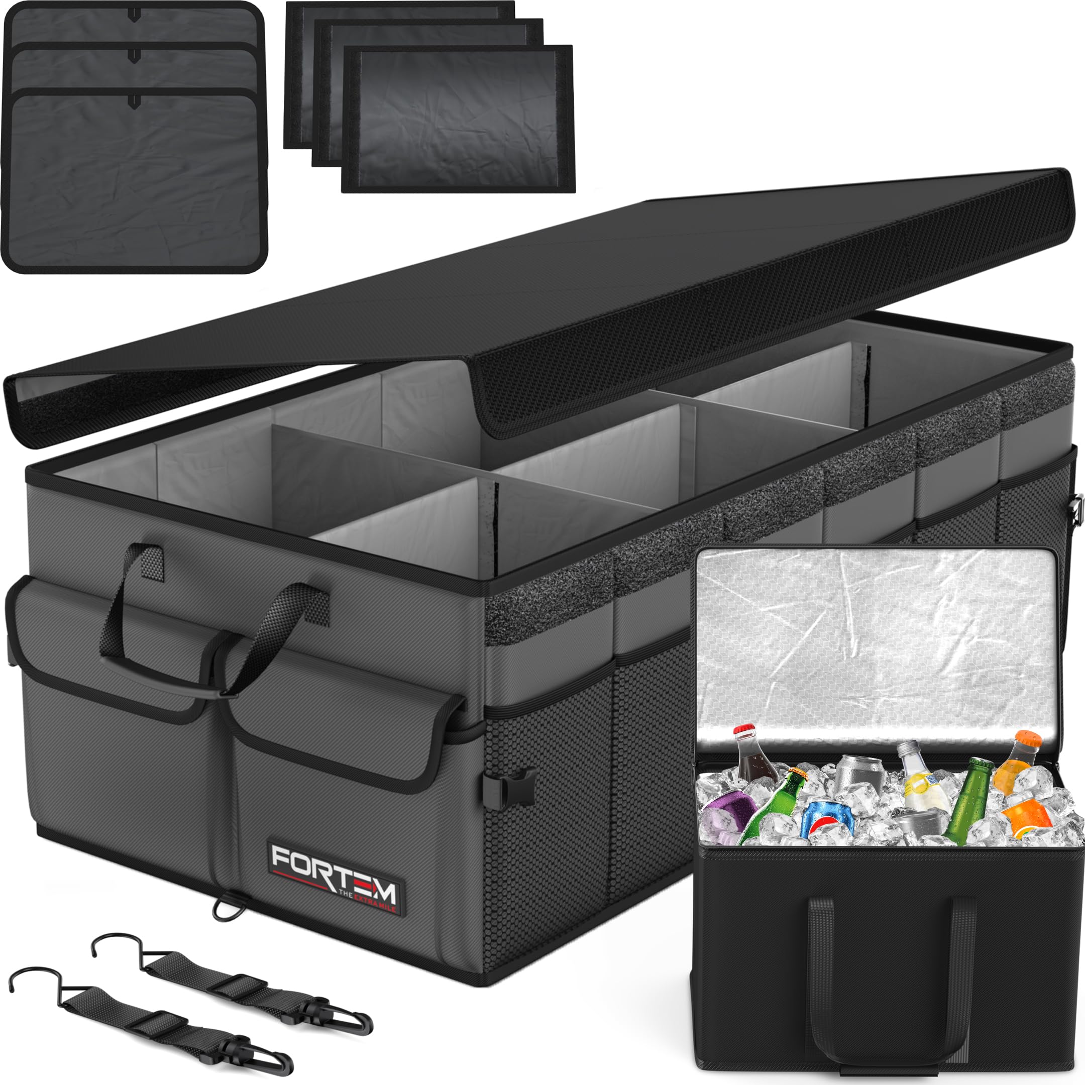 FORTEM Car Trunk Organizer with Cooler, Collapsible Multi Compartment Car Organizer, Foldable SUV Storage for Car Accessories for Women, NonSlip Bottom, Securing Straps, Soft Cover 85L (Grey, X-Large)
