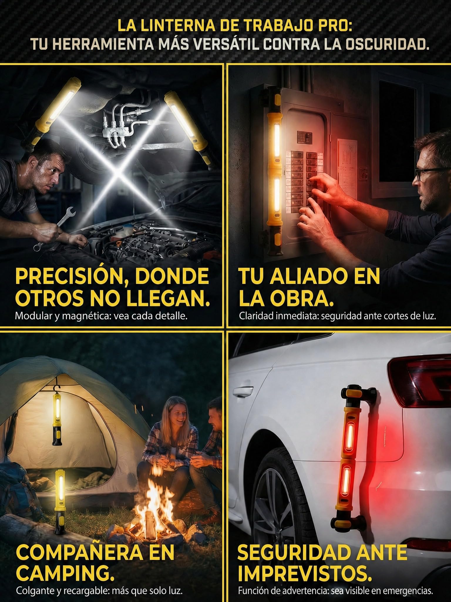 3000LM Linterna Taller Mecánico, 5200mAh Lámpara de Trabajo 2 en 1 Separable con Powerbank, Imán y Gancho, IP54 Luz SOS para Reparación de Coche (Amarillo brillante)