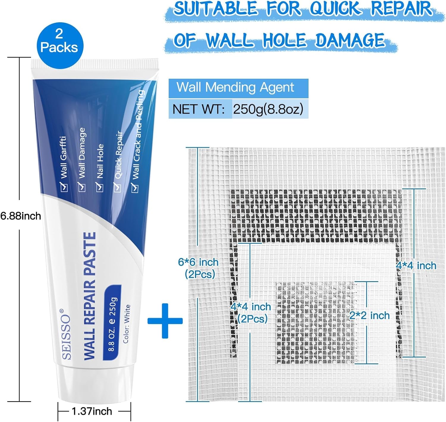 Wall Repair Paste Kit, 2x250g Wall Mending Agent with Wall Repair Patch*4 and Scraper, Spackle Drywall Repair Kit for Hole Filler, Effective Repair of Scratches, Holes, Cracks and Wall Graffiti