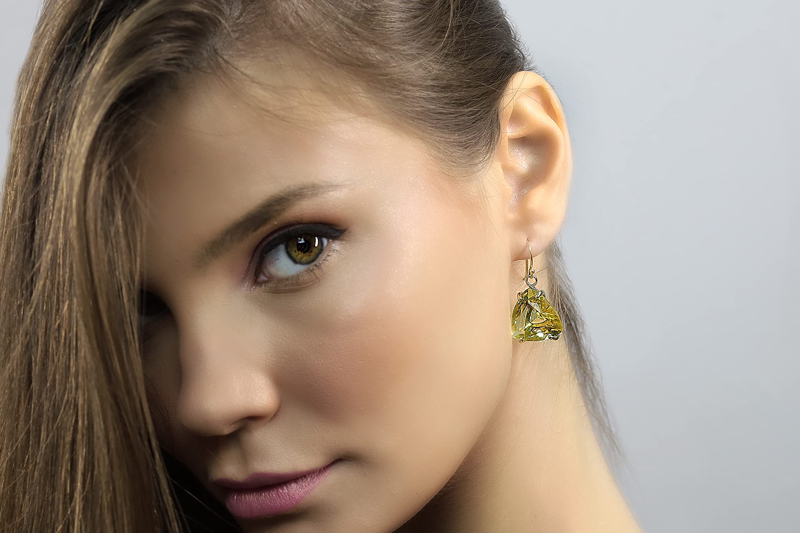 Pendientes de Plata de Ley - Corte Trillón Cuarzo Limón - Gema en Forma de Triángulo - Engaste de 4 Puntas - Pendientes Colgantes Largos - Joyería de Moda y Alta Calidad