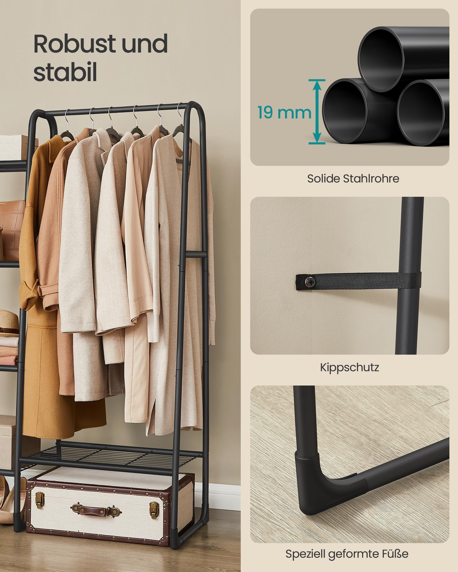 SONGMICS Kleiderständer, Wäscheständer mit 5 Ablagen, Metallrahmen, 40 x 101,7 x 153,3 cm, für Schlafzimmer, Wohnzimmer, Eingangsbereich, tintenschwarz HSR138B01