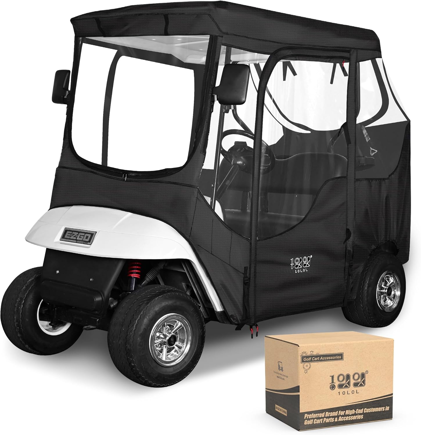 10L0L 2/4 Passenger Golf Cart Driving Enclosure for EZGO TXT/RXV Model, 4-Sided Clear Window 600D Rain Cover All Weather Windproof Waterproof - Black/Beige Black For EZGO TXT & RXV 2 Passenger