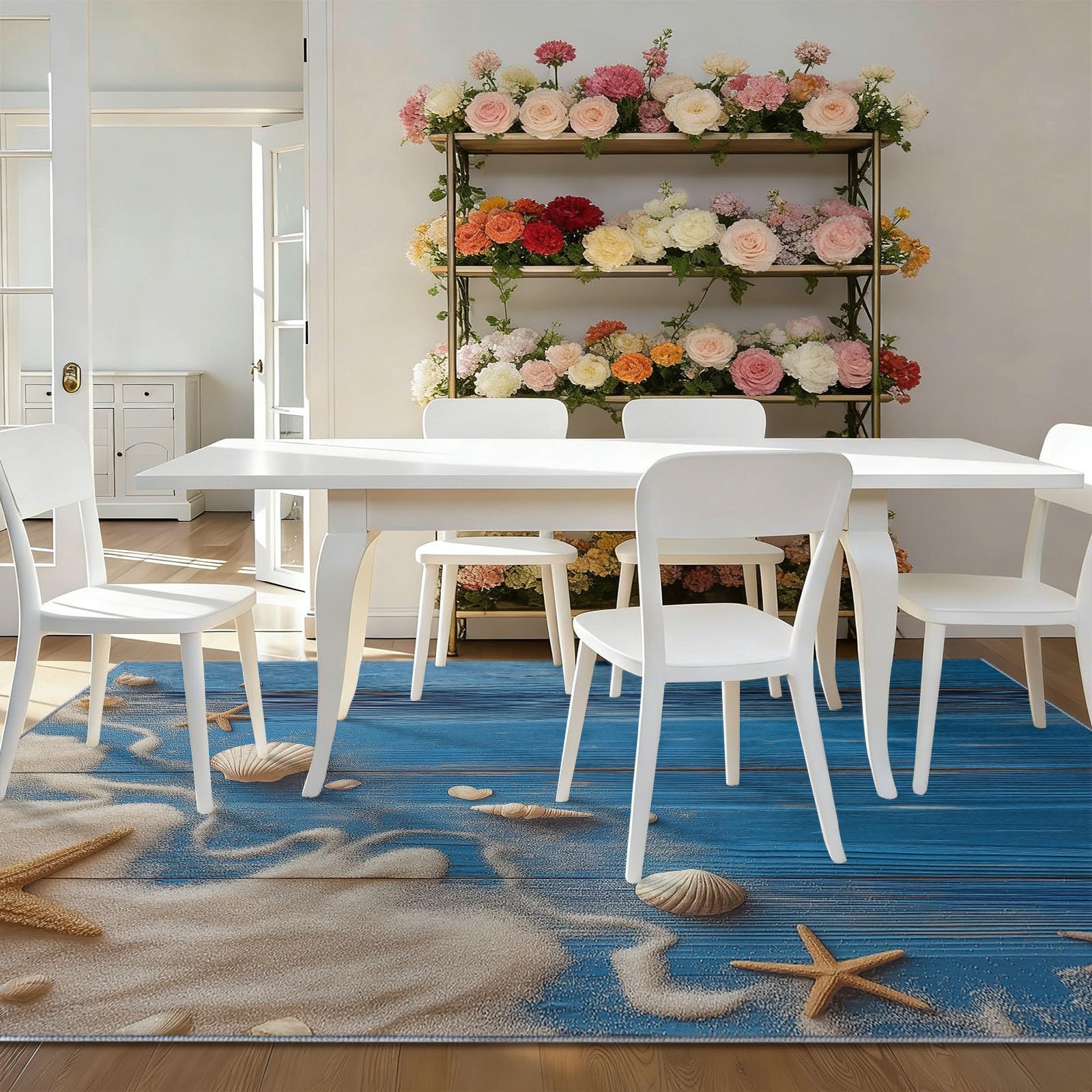 Tapis Réaliste 60x110cm à Motif, Beige Bleu Antidérapant et Lavable en Machine Poils Courts, Plage, Coquillages, Sable, Étoile De Mer pour Salon Chambre ou Bureau