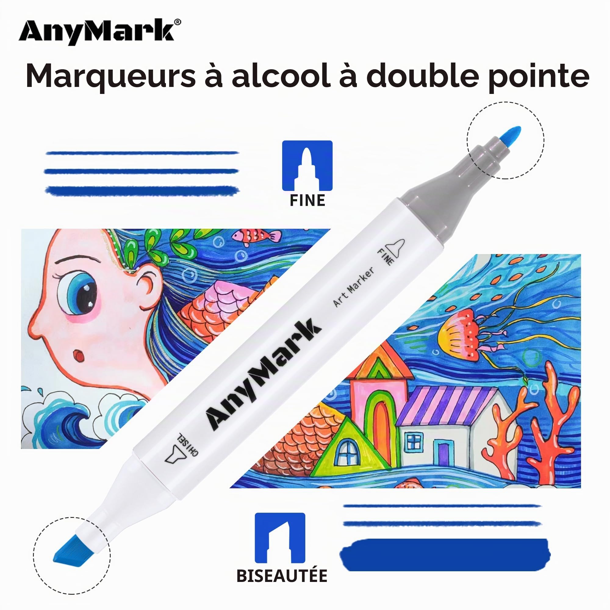 AnyMark Feutres a Alcool 168 Couleurs Double Pointe Biseautée et Fine