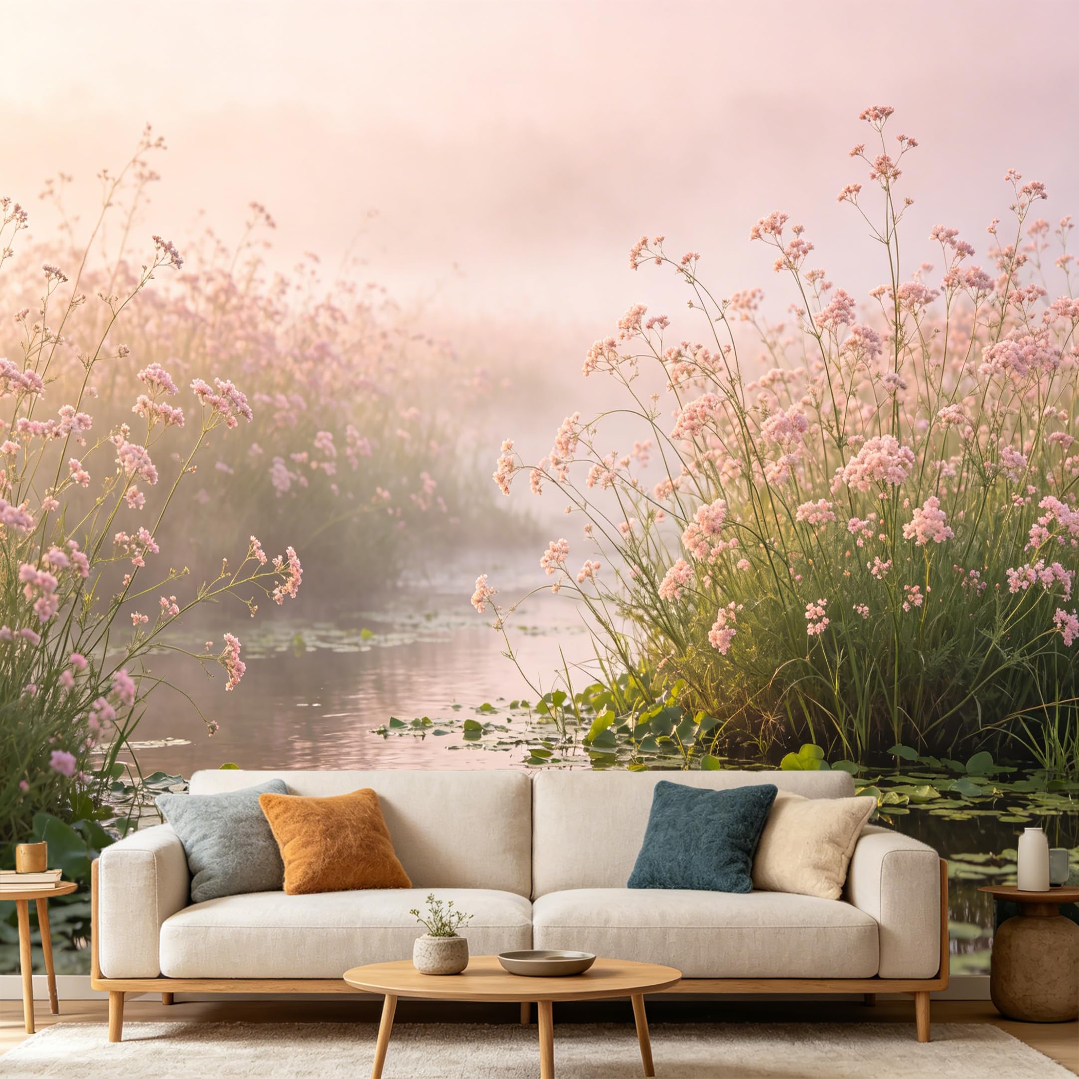 Custom Size Wall Mural Botanical Misty Morning Lake Pink Wildflower Landscape SelfAdhesive Art Prints wall Fabric（No PVC） Removable Wallpaper Home Bedroom Decor