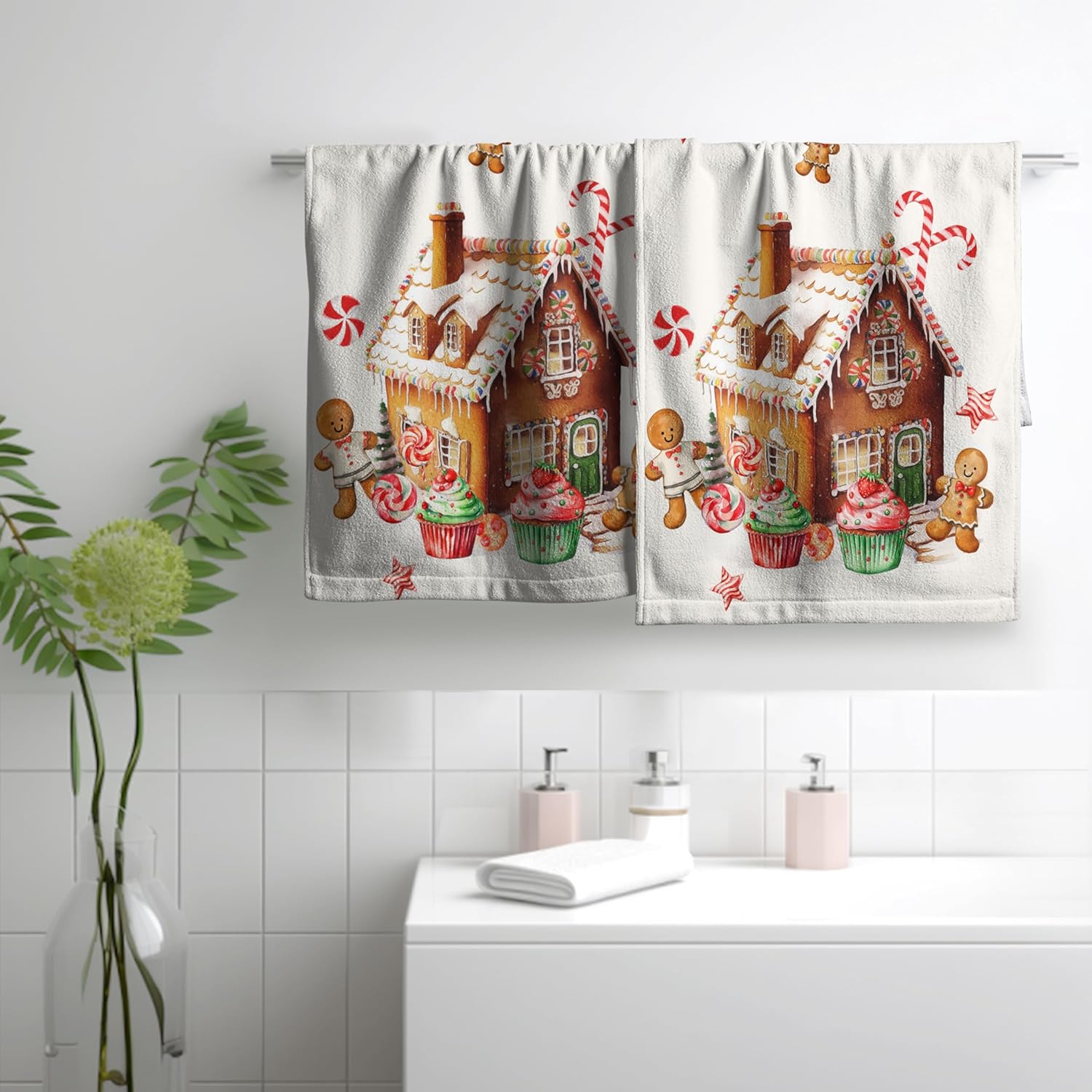 Christmas Gingerbread House with Cookies Cupcakes Candy Cane Towels Set of 2 Xmas Gingerbread Man Hand Towels 14.4x28.3 Kitchen Towels Face Fingertip Towels for Bathroom Kitchen Hotel - Image 6