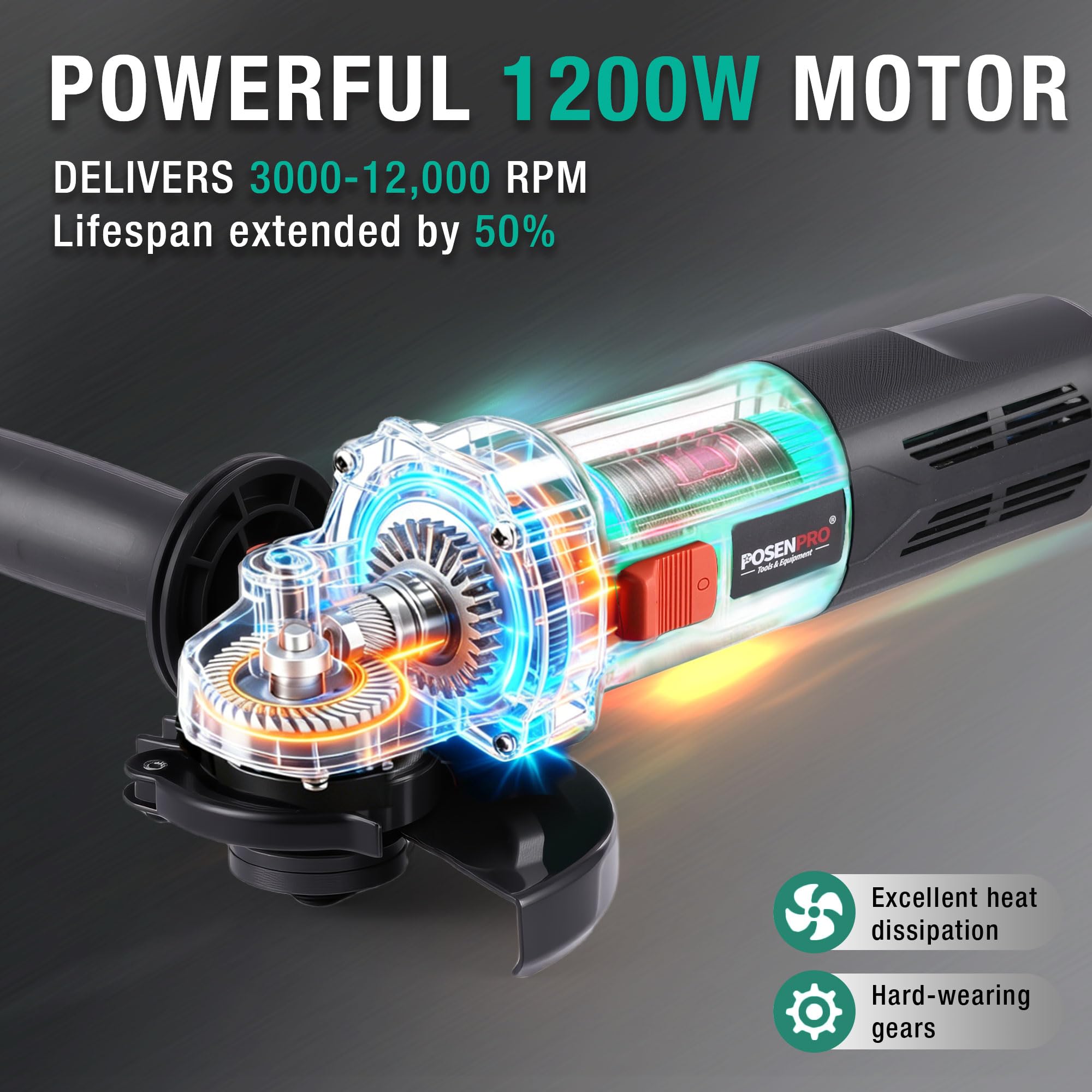 POSENPRO Professional Smerigliatrice Angolare 1200 W, Ø Disco: 125 mm, 3000-12.000 giri/min con 6 Velocità, con Bloccaggio Rapido, Filtro Antipolvere, per Smerigliare, Lucidare e Levigare