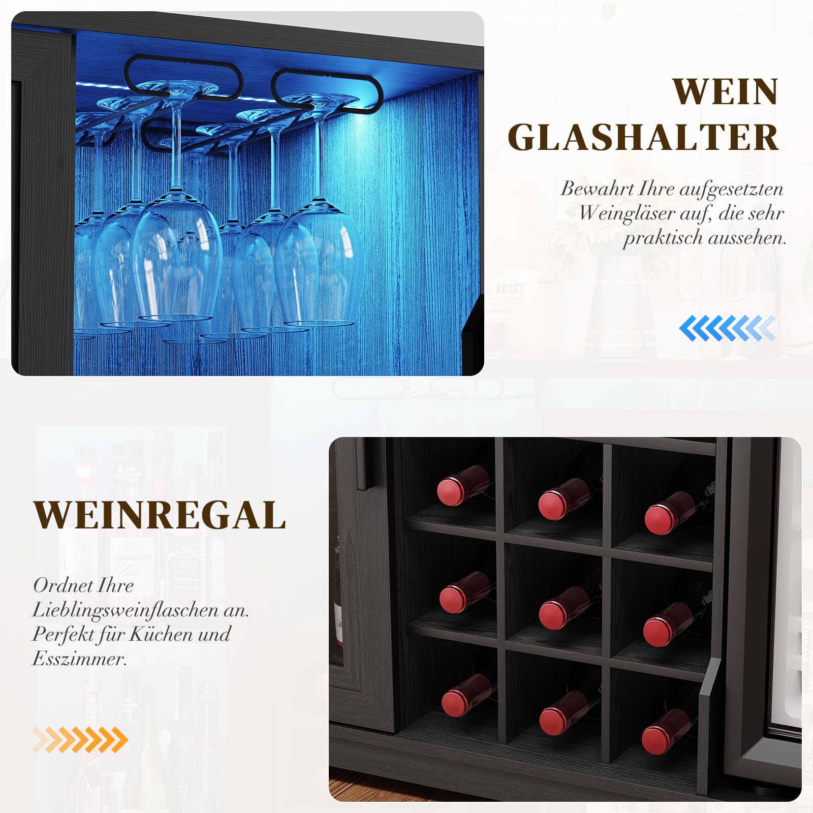 BROTTAR Barschrank mit Kühlschrank (inklusive), weinkühlschrank mit LED-Beleuchtung, Getränkeschrank Sideboard mit Bewegungssensor, Weinschrank für Wohnzimmer Küche Esszimmer (Schwarz)