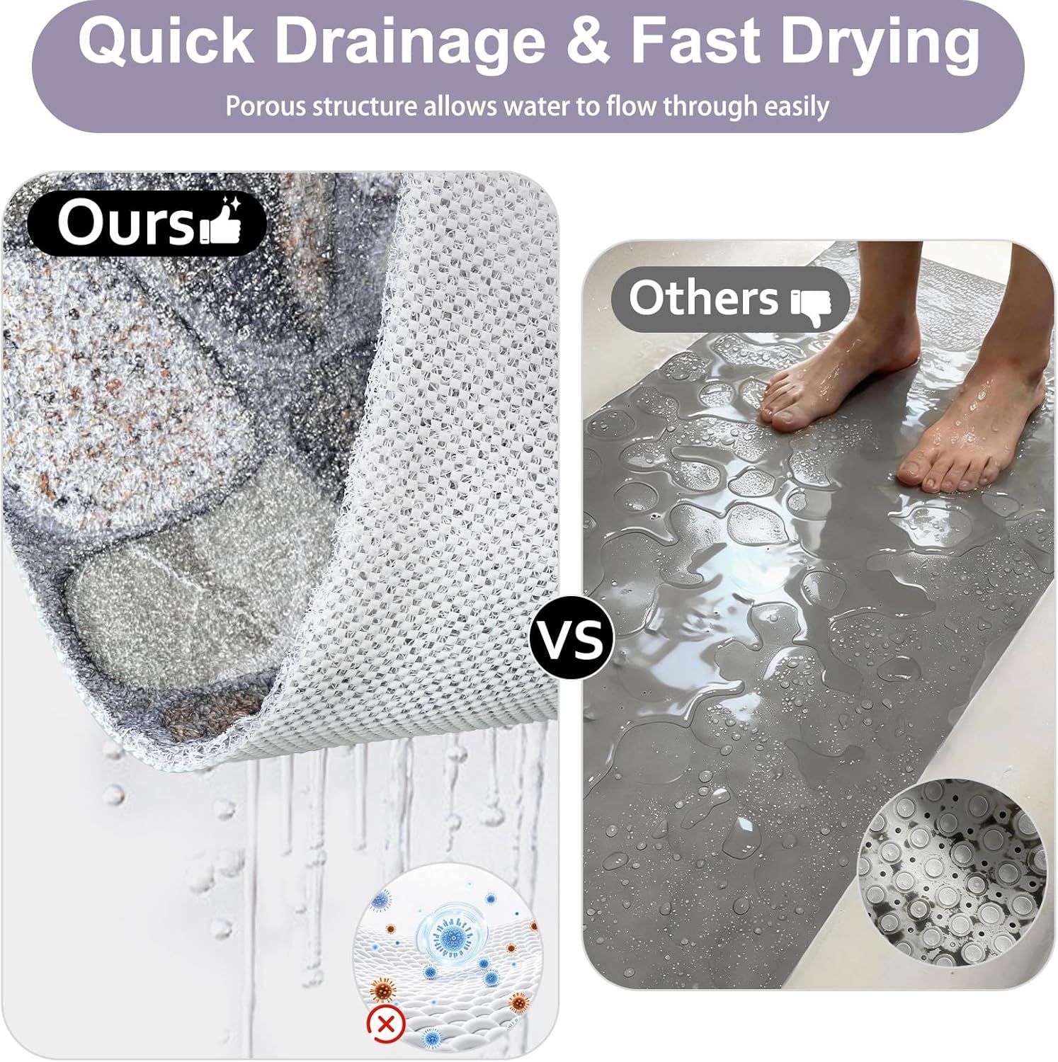 Extra Large Shower Mat Non-Slip : 24x16 inch Loofah Shower Mats for Inside Shower with Drain Hole, Anti Slip Shower Mat, Stand up Shower Floor Mat