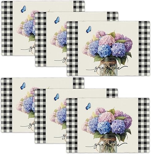 Miniatura 41 de Juego de 6 manteles individuales de flores amarillas de granja, manteles individuales rústicos florales, manteles individuales de primavera lavables