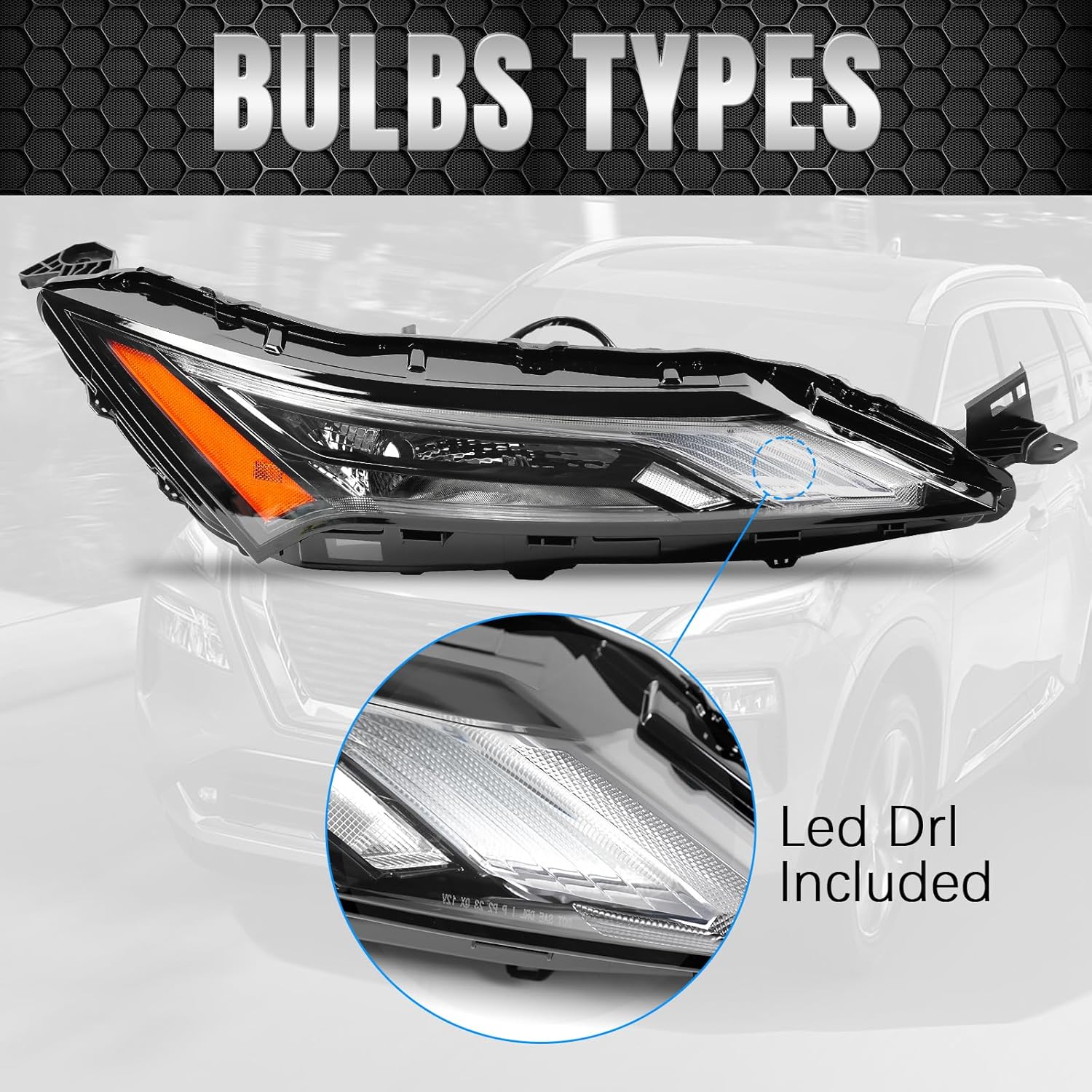 Right Daytime Running Light For Nissan Rogue 2021 2022 2023 w/Halogen Turn Signal Light LED DRL Lamp Replacement Passenger Side Headlight For 26120-6RR0A NI2563102