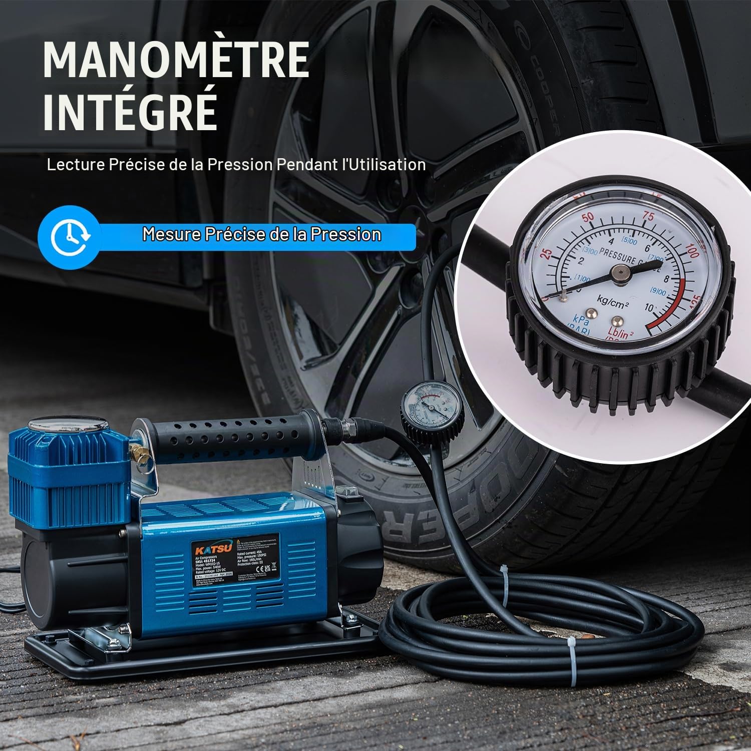 KATSU Tools Professionnel Gonfleur de Pneu 150 PSI 12V 45Amp Grand Volume Portable Compresseur d'air Voiture Pompe à Pneu pour 4WD Auto Car Van Trucks Gonflables