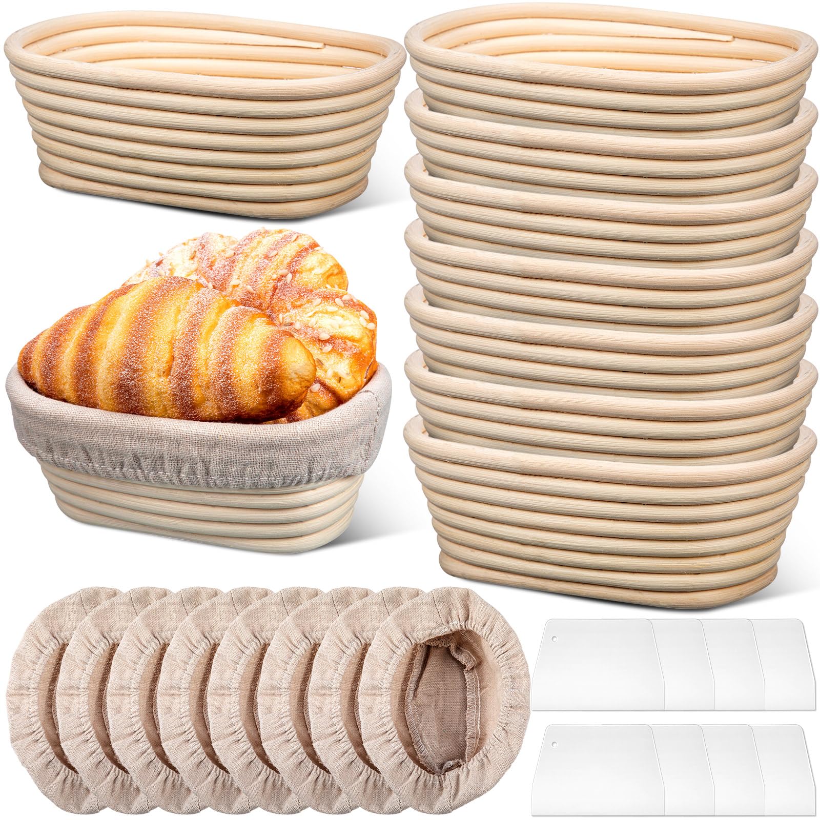 Gejoy 12-teiliges Set Brotgärkörbe, ovale Form, Banneton-Teig-Gärschalen-Set mit Stoffeinsatz und Kunststoffschaber, Sauerteig-Gärkörbchen für Zuhause, Sauerteig-Bäckerzubehör (21,6 cm)