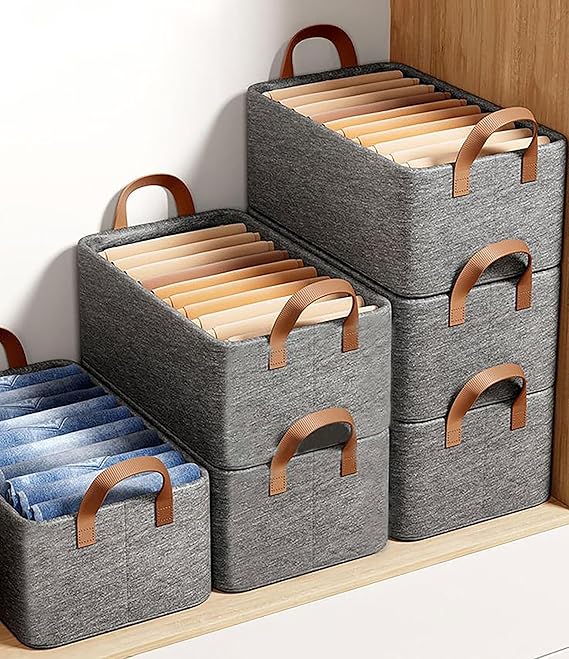 Yellow Weaves 4 Pcs Wardrobe Organizer Foldable Clothes Storage Baskets Grey