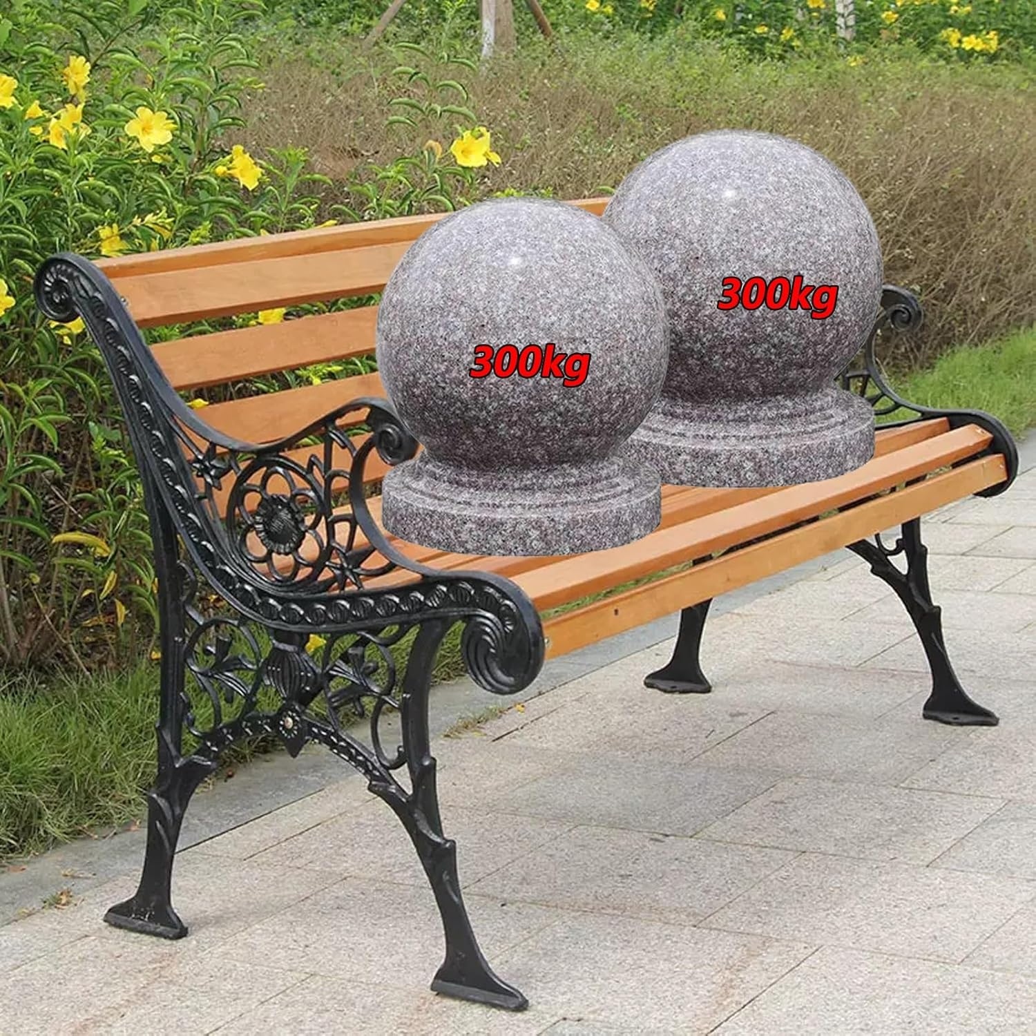 Metal Garden Bench - Cast Iron & Wood Outdoor Park Bench with Backrest & Armrests, Comfortable Slatted Natural Wood Seat for Patio, Garden, Indoor Use (C, 49"x22.8"x30.7")