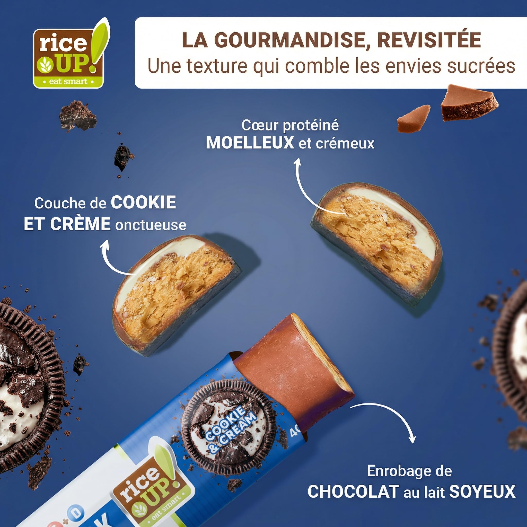 RiceUP! Barre Protéinée Cookie & Cream 30% – Barre Protéine Sans Sucre Ajouté, Sans Gluten & Sans Huile de Palme – Snack Protéiné Fitness & Nutrition Sportive – 15 x 40 g