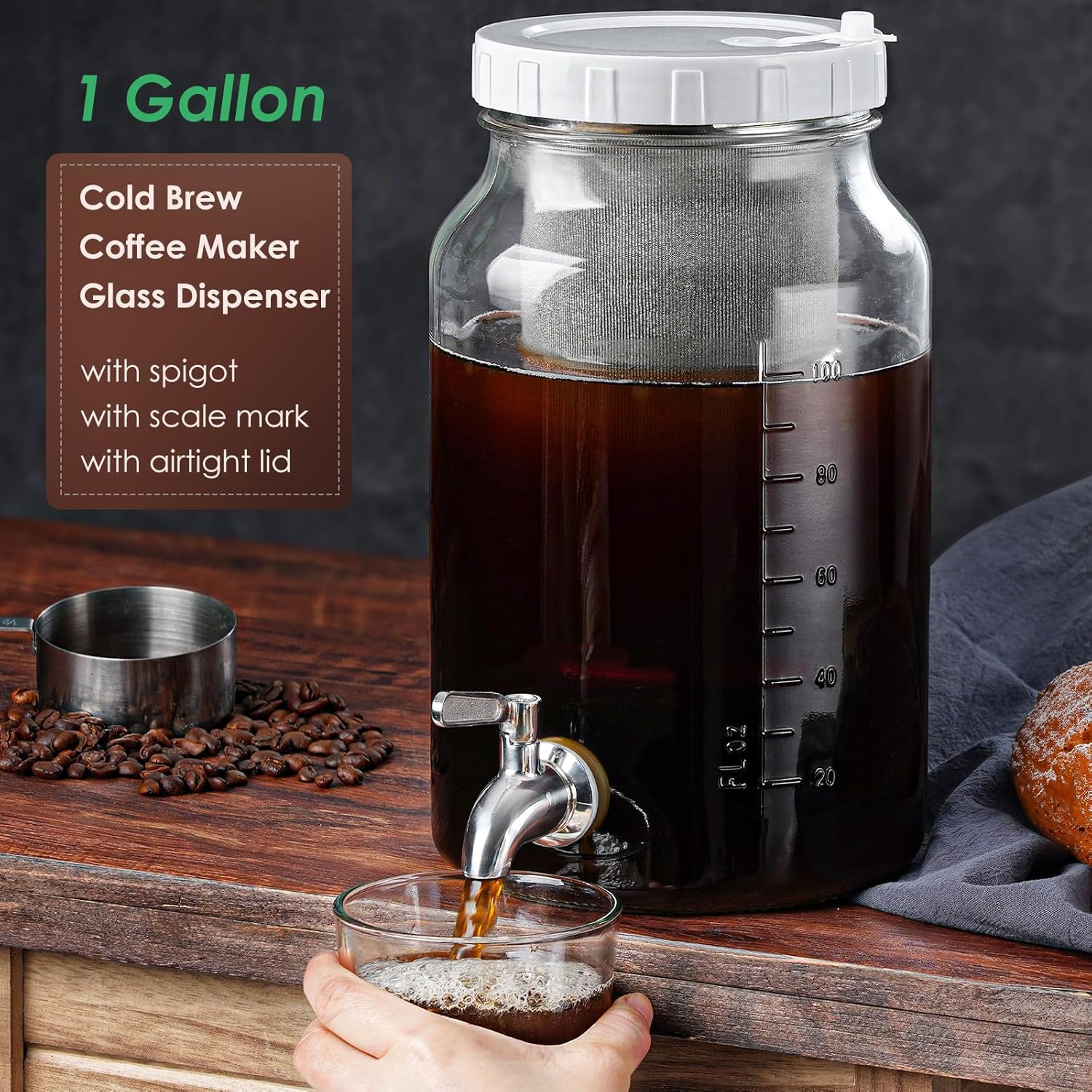 1 Gallon Cold Brew Coffee Maker - Mesh Filter - Stainless Steel Spigot - Wide Mouth Iced Tea Maker w 100% Airtight Screw Lid - Glass Cold Brew Pitcher with Capacity Mark