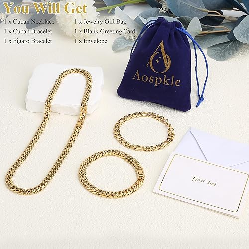 Miniatura 4 de Collar de pulsera Figaro de eslabones cubanos de 3 piezas, plata dorada y negra, resistente acero inoxidable 316L, cadena Figaro de eslabones