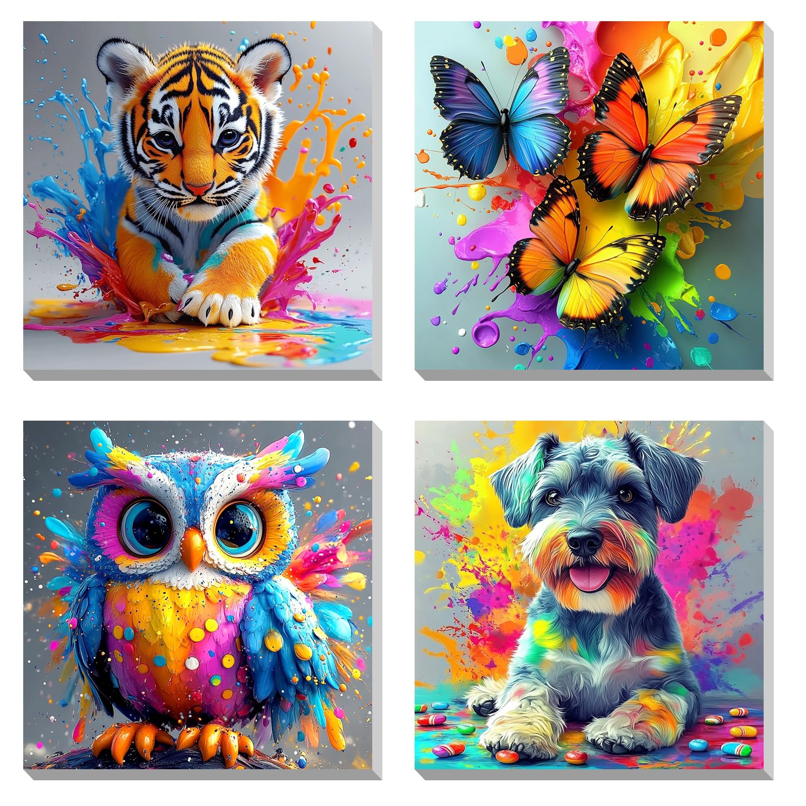 KEYIFA 4 Pack Paint by Numbers Kits for Adults Beginners, Brightly Colored Animals Paint by Numbers Framed on Canvas，DIY Craft Art Painting Kits for Children，Oil Painting Kits Home Wall Decor