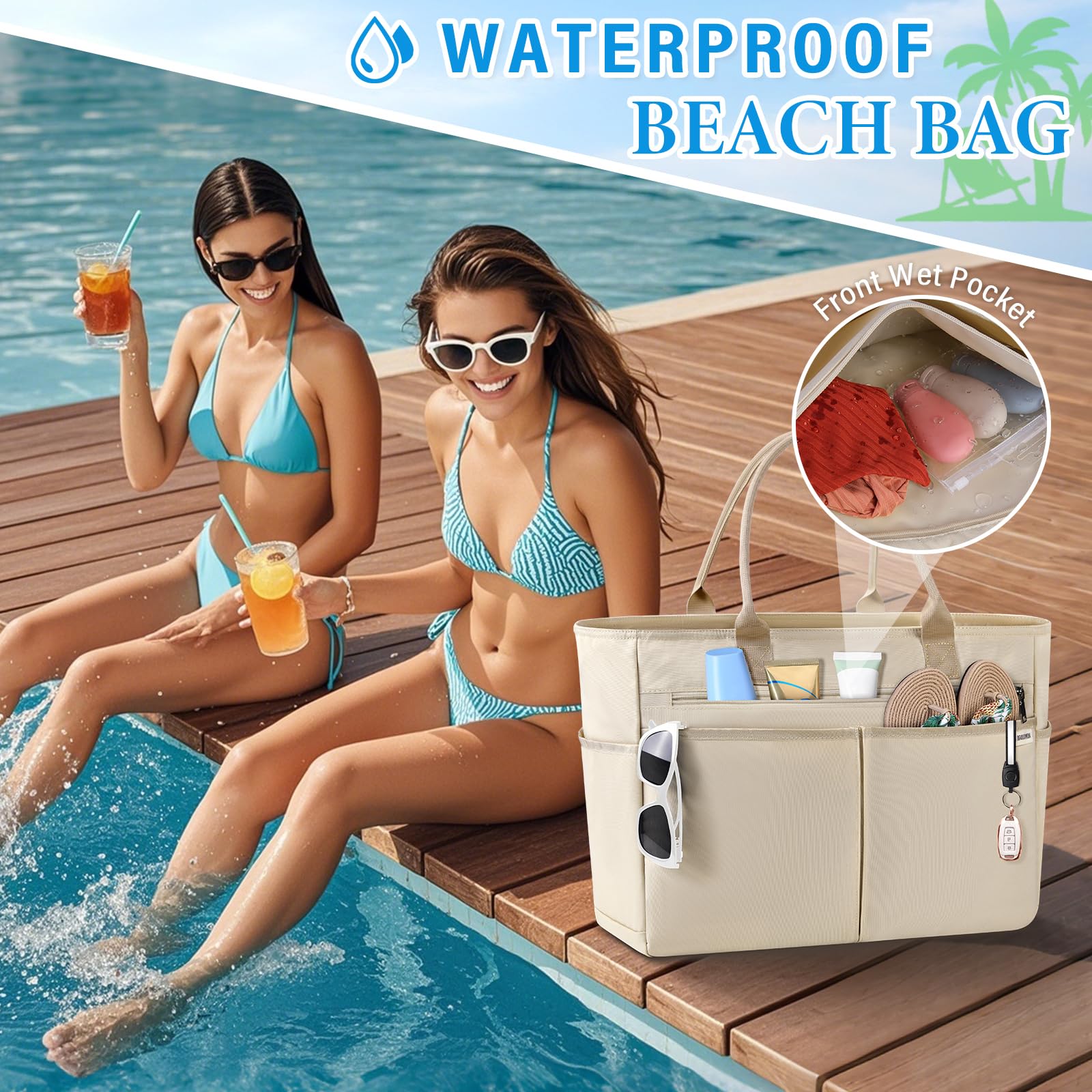 IGOLUMON Strandtasche XXL Familie Groß Badetasche mit Reißverschluss Wasserdicht 40L Vielseitiger Shopper Damen Tote Bag für Strand Pool Fitnessstudio Reisen Khaki