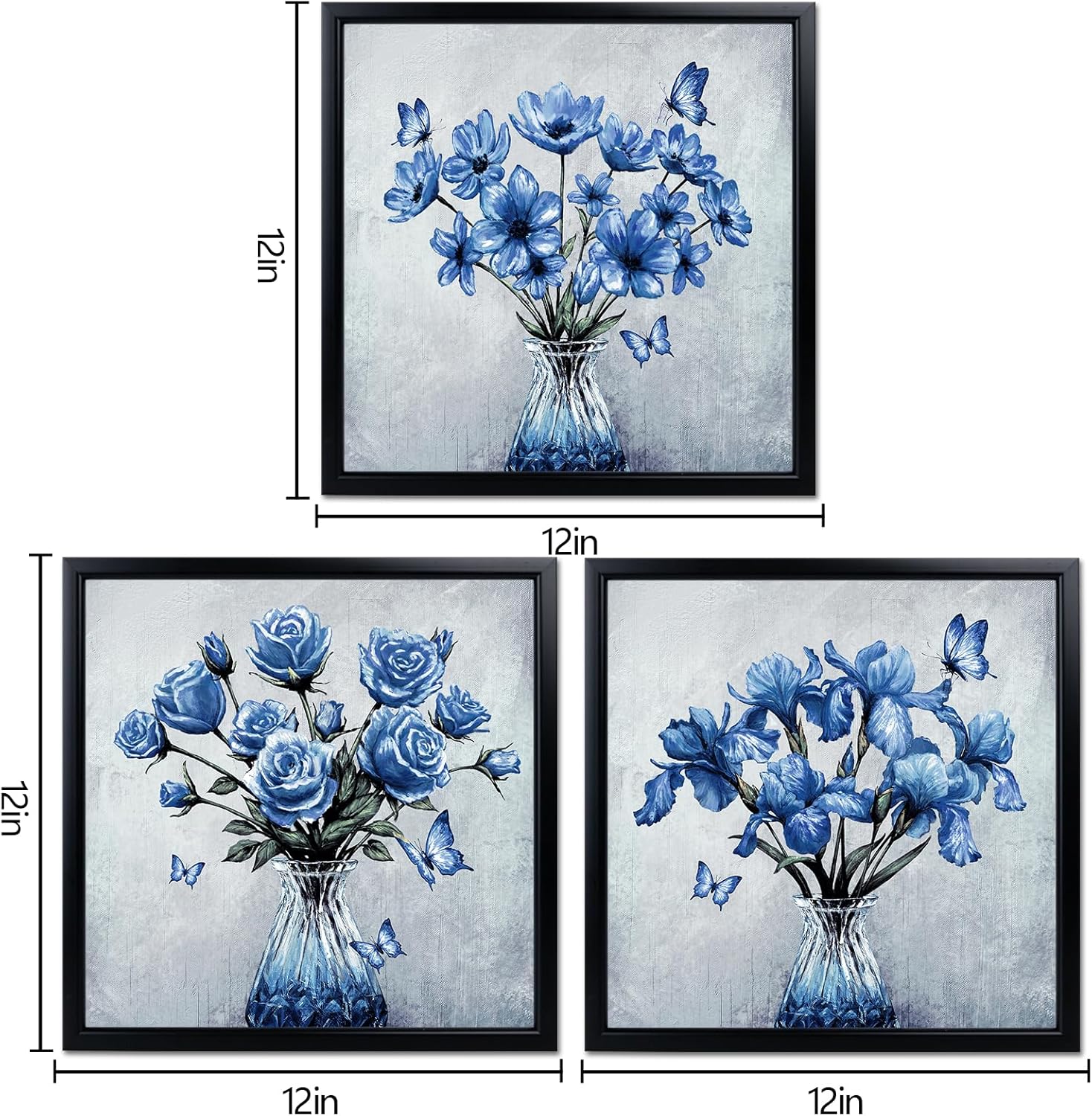 HOMEOART Flower Wall Prints Butterfly Wall Art Bathroom Wall Decor Picture, Set of 3, Black Frame 12x12 inch (Navy Blue)