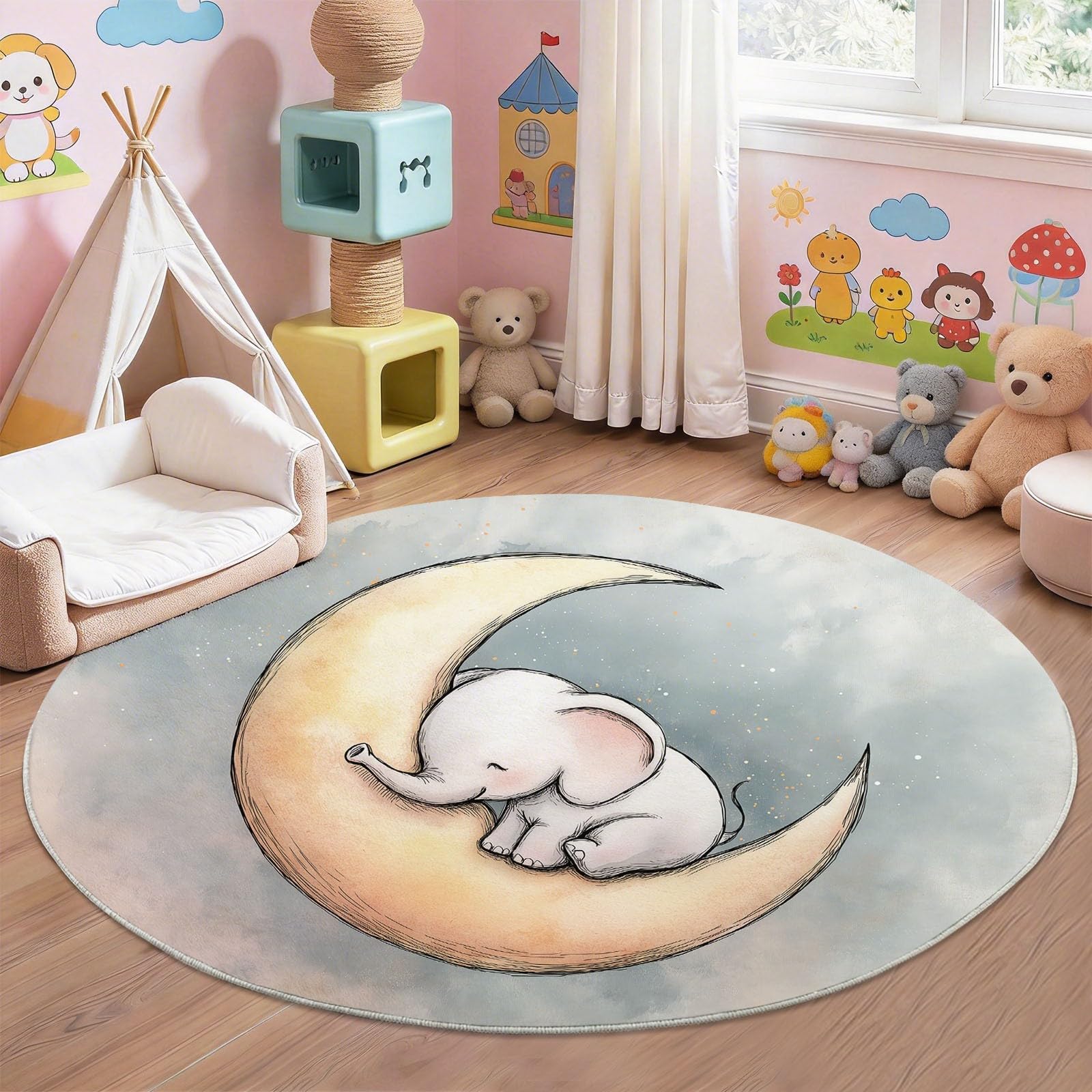 Générique Éléphant Tapis Rond 100 cm, Lavable & Antidérapant, Dessin Animé Mignon Animal Lune Tapis de Salon Doux Poil Ras pour Chambre & Bureau, Rose Grisâtre