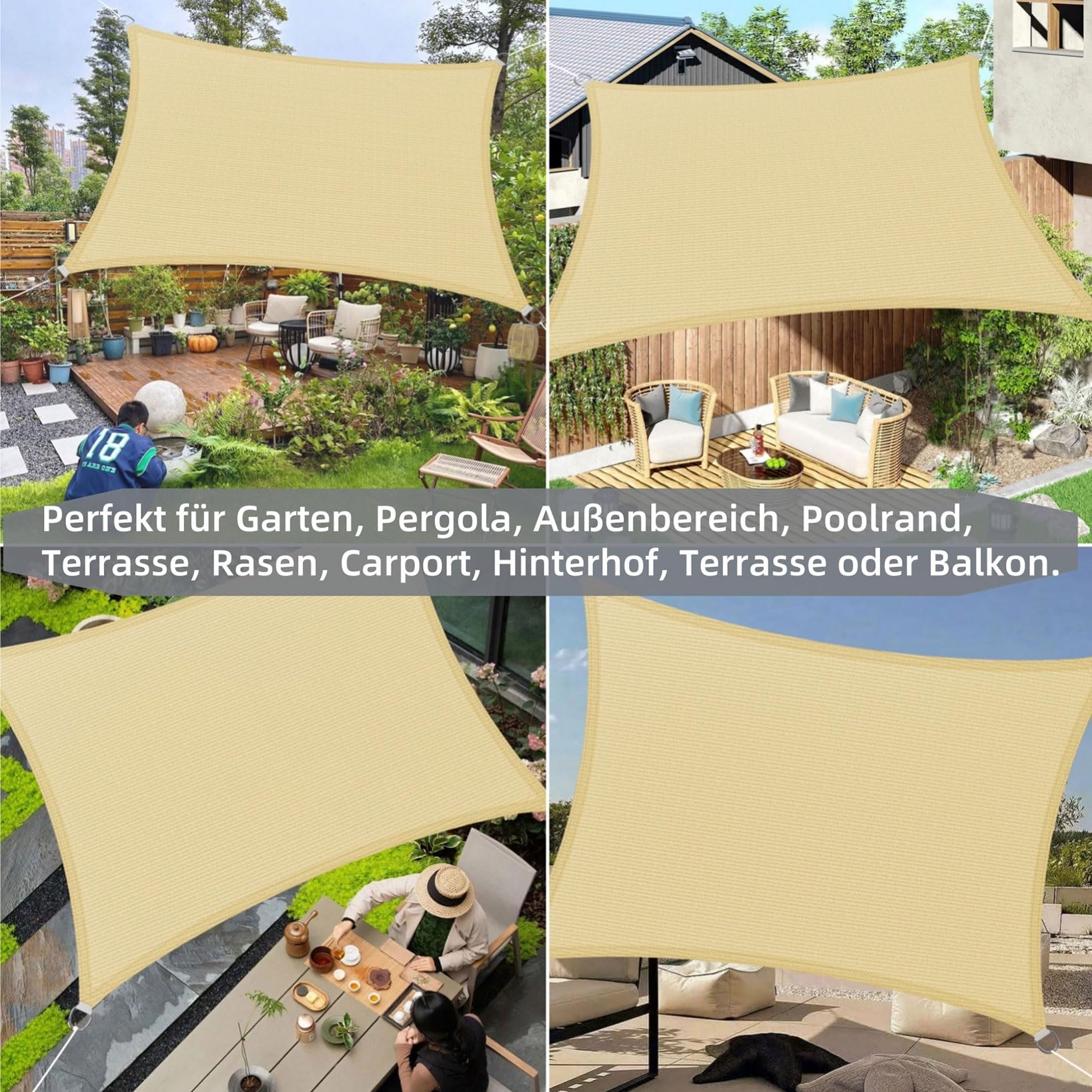Toldo Vela de Sombra Transpirable 130 x 425 cm Rectangular HDPE Transpirable Protección Rayos 95% UV Toldo Exterior Malla Sombreo con SOGA para Exterior Terraza Patio Jardín Pergola, Color Crema
