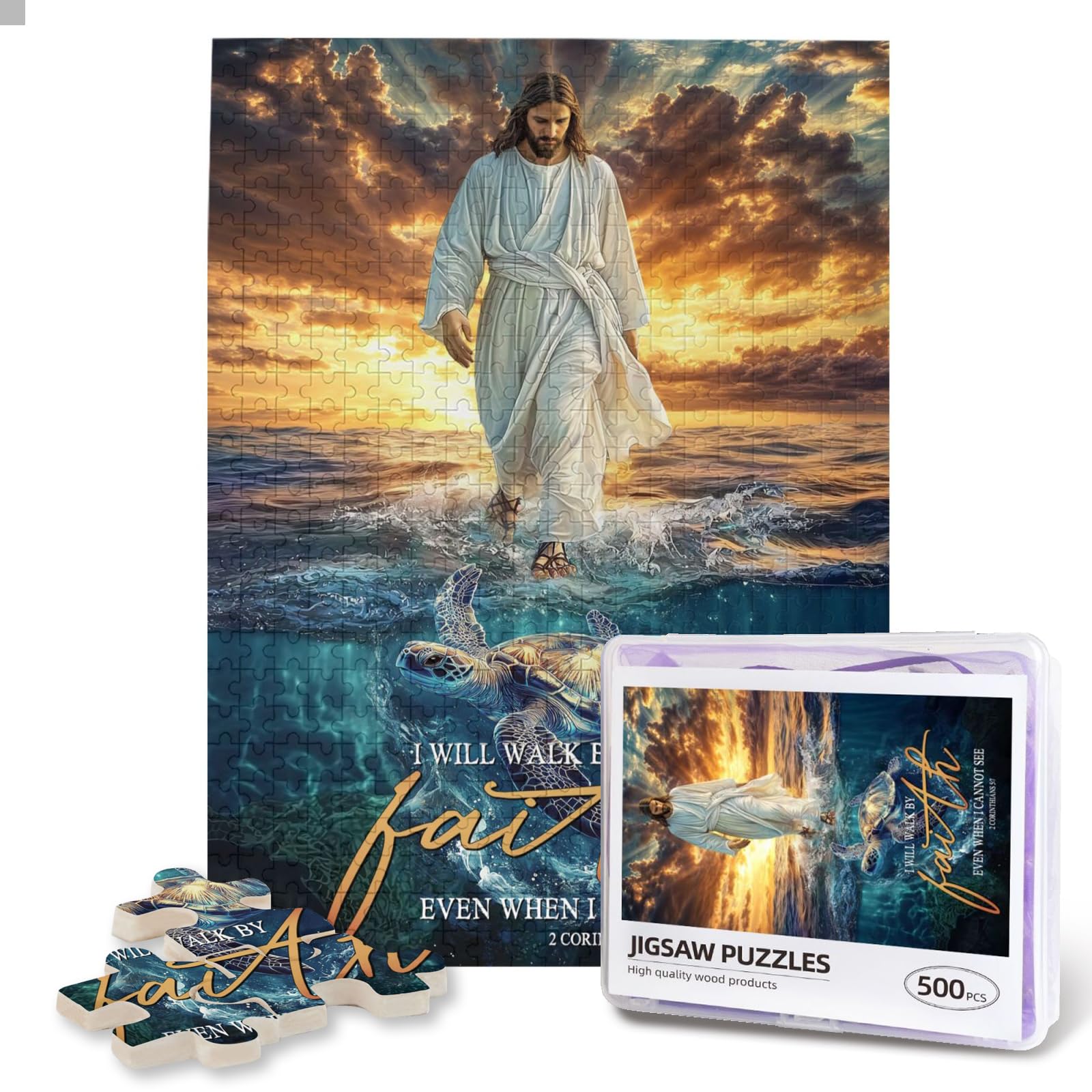 Christian Puzzles for Adults 500 Pieces Religious Jesus Puzzle Inspirational Motivational Bible Puzzle Jesus Walking on Water Wall Art Jigsaw Puzzle