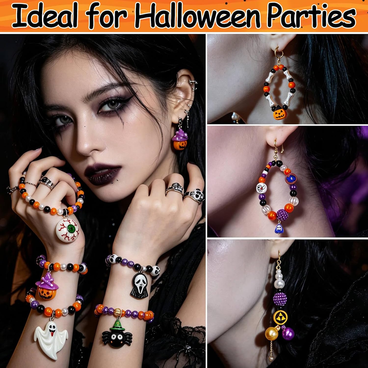 1713Pcs Halloween Beads for Jewelry Making, Halloween Spooky Beads for Bracelets Orange Black White Purple Polymer Clay Pumpkin Skull Bead Ghost Resin Charms for DIY Craft Necklace Earring Keychain