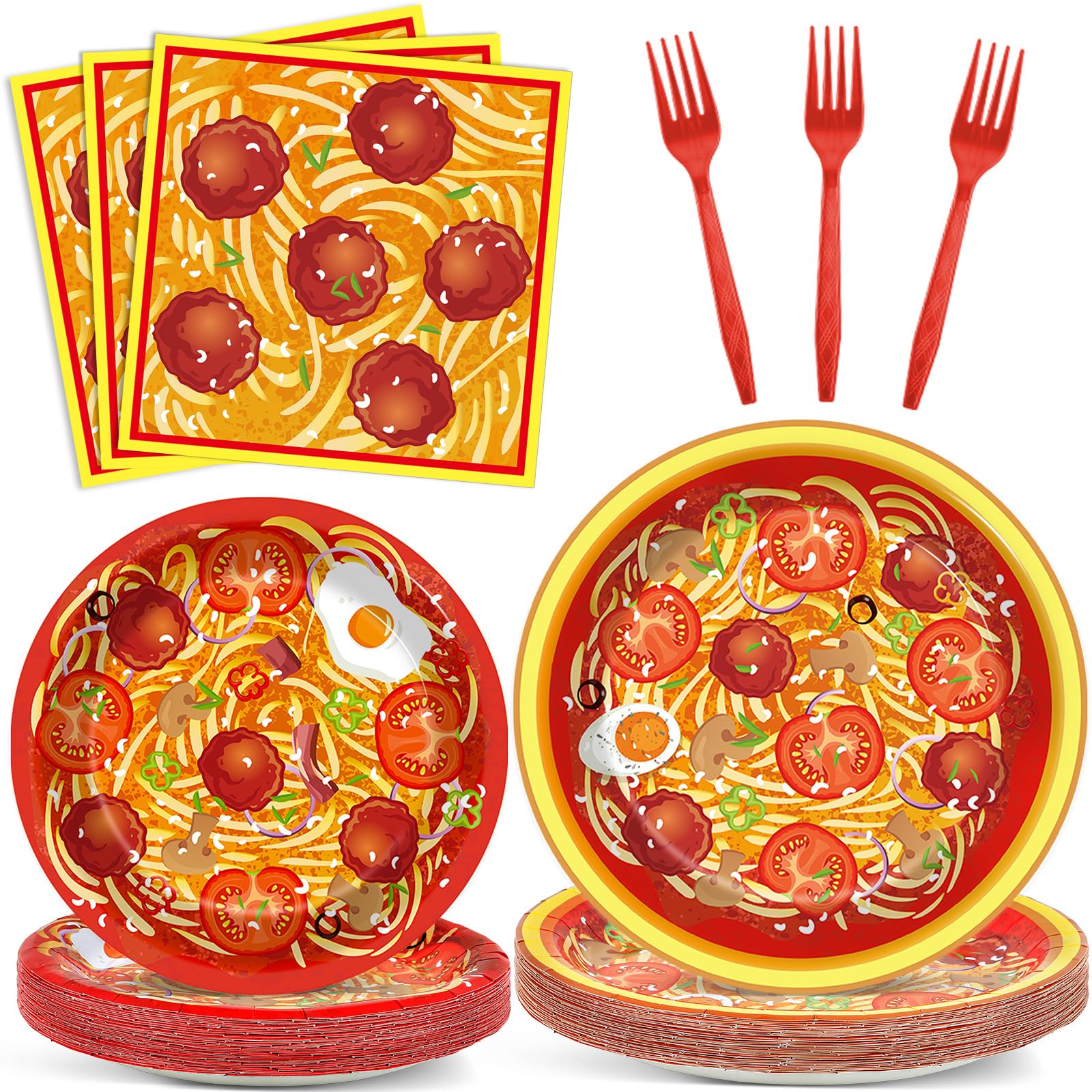 gisgfim 96 Pcs Spaghetti Plates and Napkins Pasta Party Supplies Tomato Meatball Birthday Party Paper Tableware Set Pasta Theme Decorations Favors for Family Gathering Dining for 24 Guests