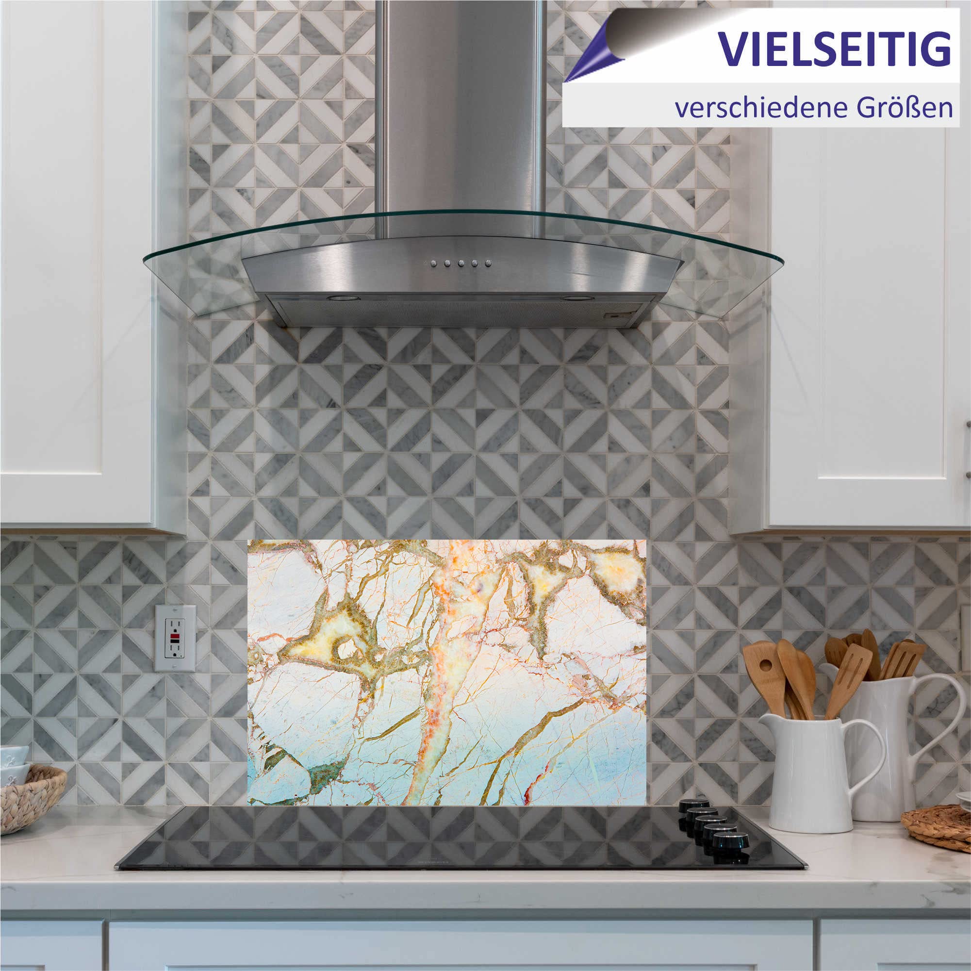 INDIGOS UG - Pannello posteriore da cucina per piastrelle, marmo chiaro, 120 x 55 cm, paraspruzzi in alluminio, resistente al calore, pannello posteriore da cucina, moderno, lavabile, per fornelli e