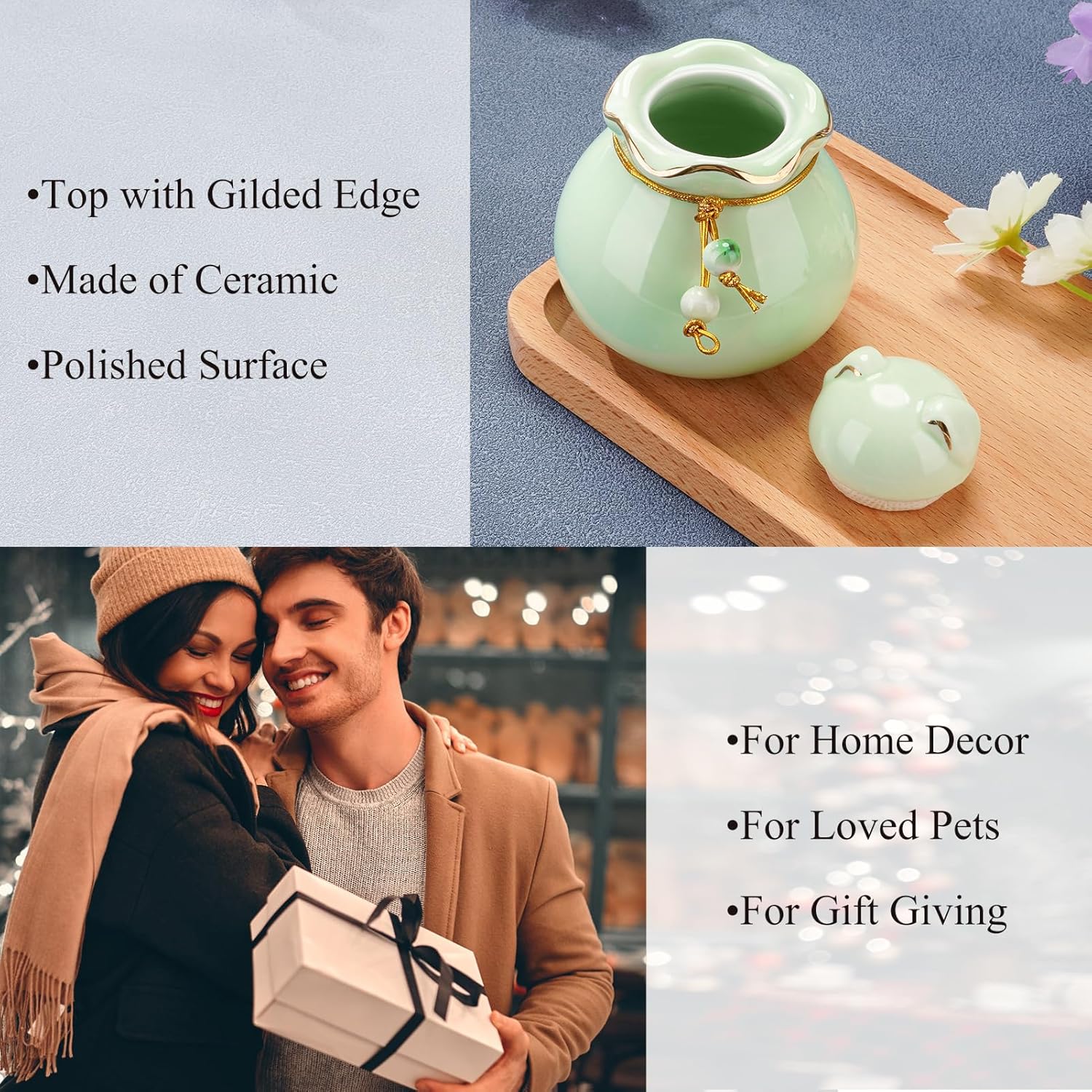 SOITIS Pet Memorial Urn for Cat or Dog Ashes - 3.54"x3.15" Elegant Ceramic Keepsake Holder with Pet-Shaped Lid & Gold Trim, Small Cyan Urn for Pet Ashes - Image 7