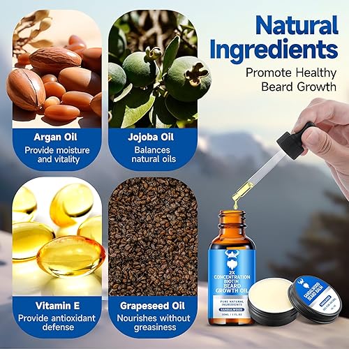 Miniatura 4 de Aceite para el crecimiento de la barba y bálsamo para barba - Kit de crecimiento de barba con biotina de concentración 2X para hombres, ingredientes
